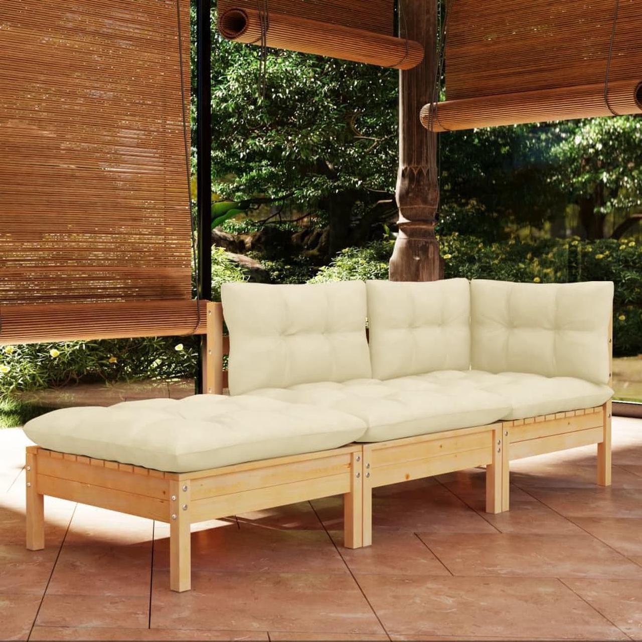 Main image of vidaXL 3 Piece Patio Lounge Set with Cream Cushions Solid Pinewood