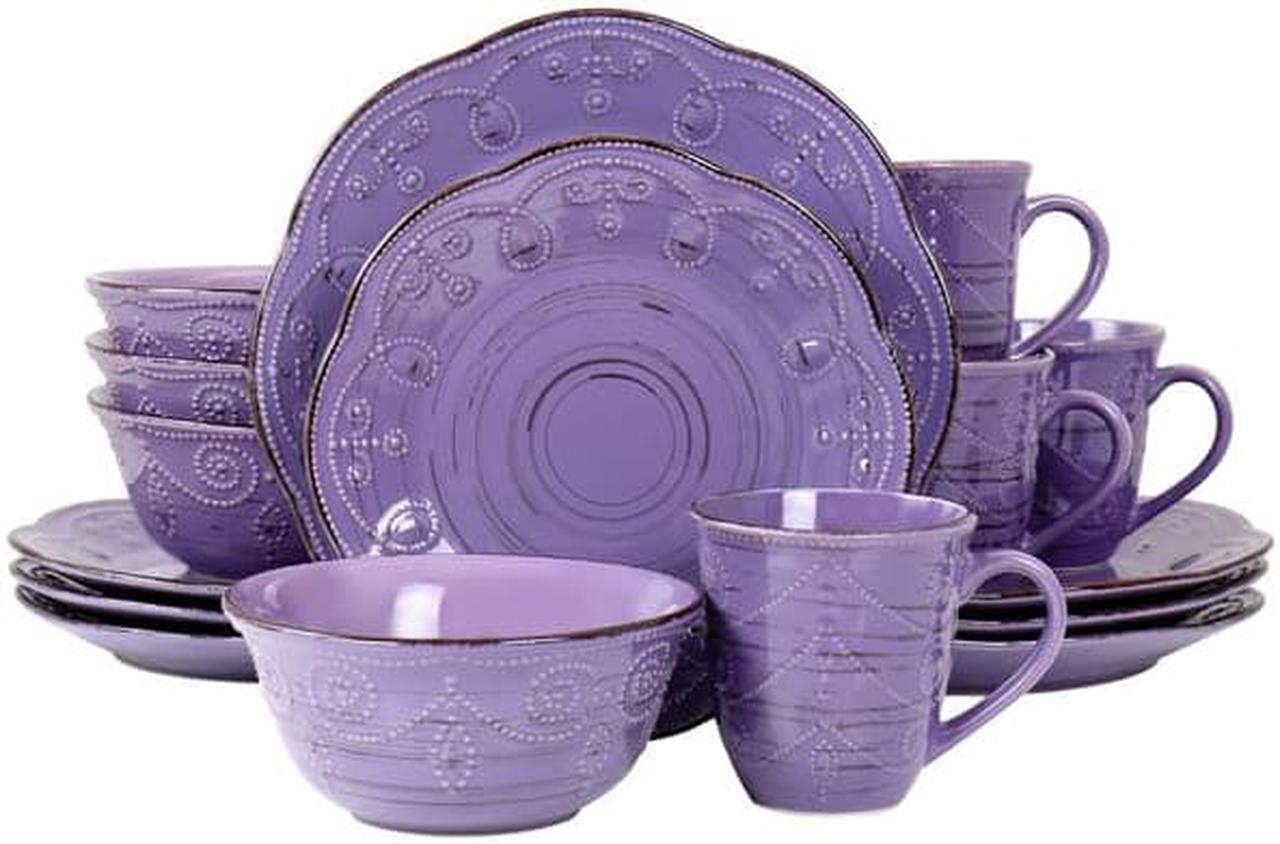Alt view image 8 of 9 - Elama Rustic Birch 16 Piece Stoneware Dinnerware Set in Purple