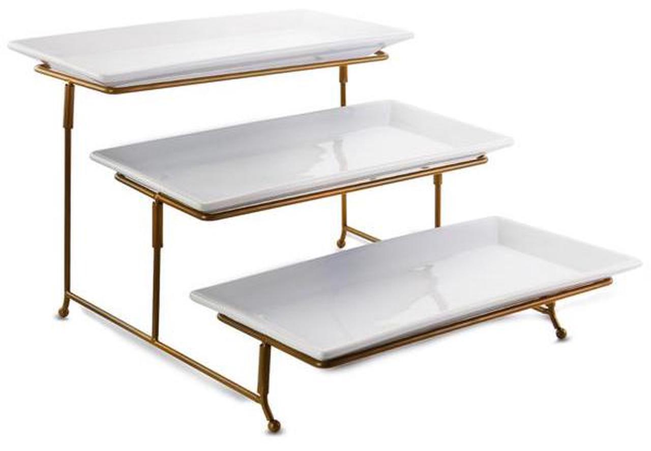Alt view image 6 of 6 - Gibson Elite Gracious Dining 3 Tiered Rectangle Porcelain Plate Set with Gold Metal Stand