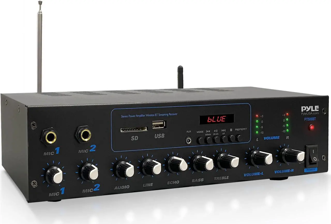 Main image of Pyle Professional Powered Amplifier & Bluetooth Receiver Stereo Audio System  FM Radio  (2) 1/4'' Microphone Input Jacks  MP3/USB/SD/AUX Playback  LCD Display ID3 Tag Readout 600 Watt - PT506BT.5