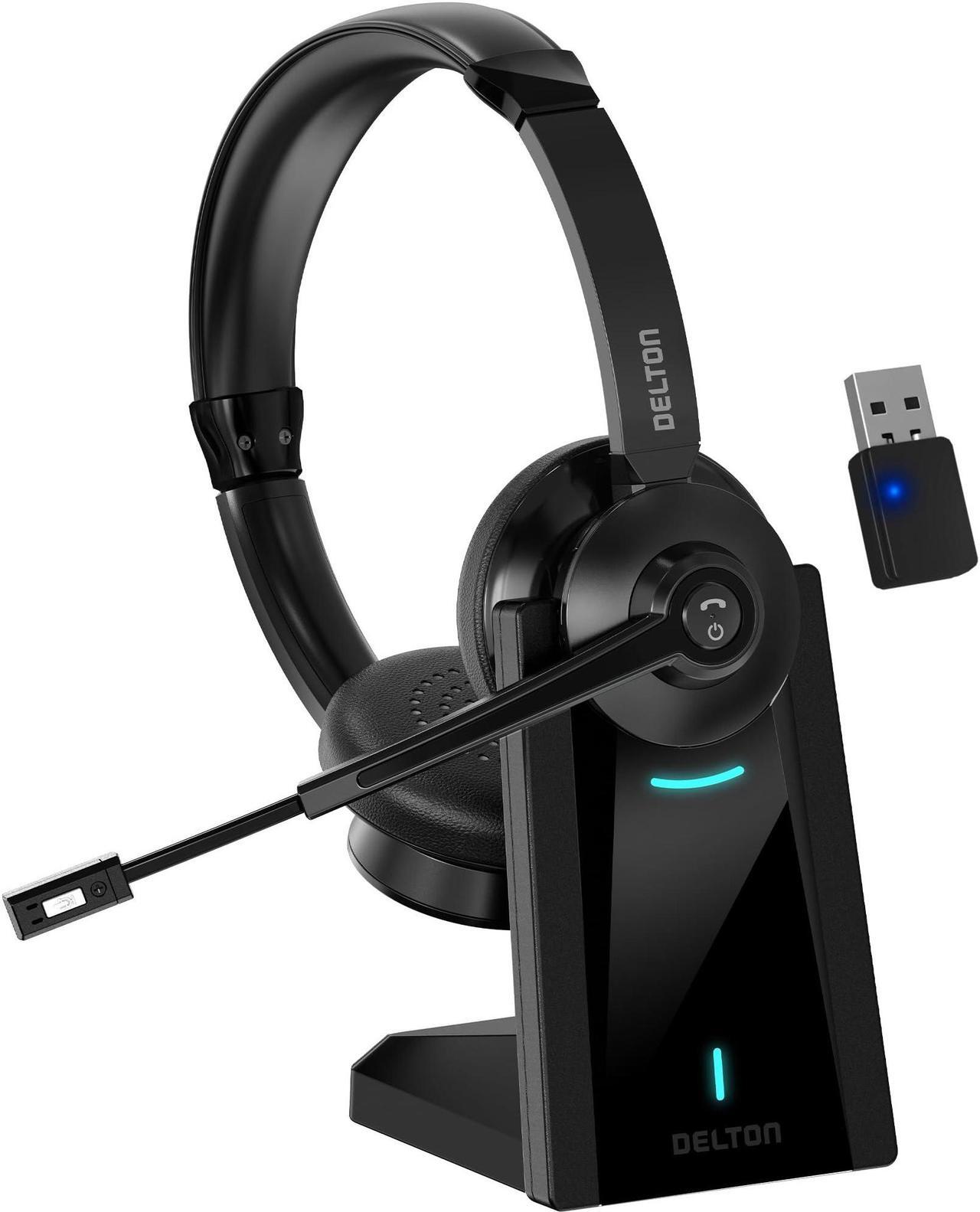Alt view image 6 of 6 - Delton 35X Wireless Computer Headset Noise Canceling Over the Ear 2 Ear Headset Bluetooth Headphones Auto-Pair USB Dongle for PC/Laptop Handsfree Mute Compatible with Meet Skype Zoom MS Teams