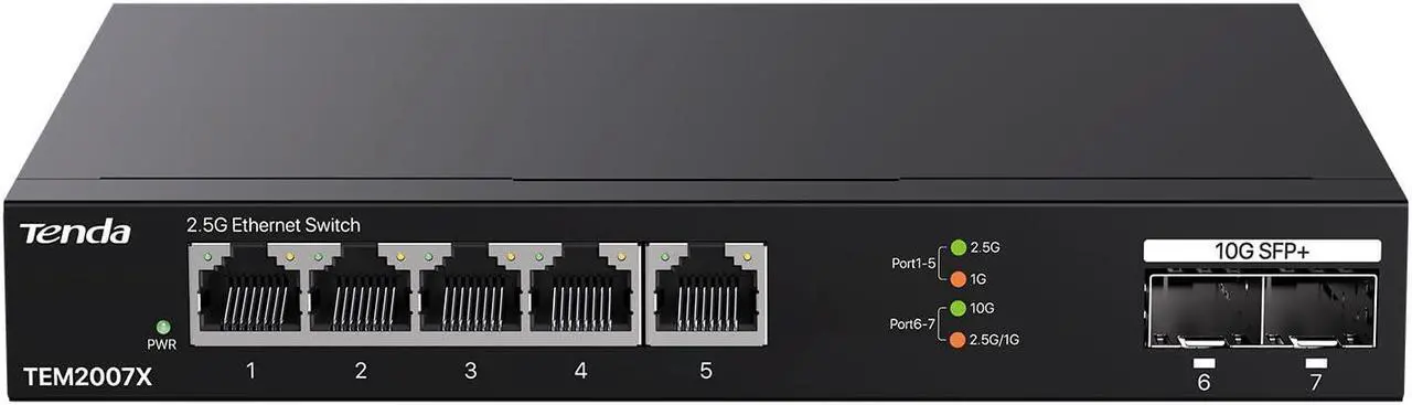 Main image of Tenda TEM2007X  5 Port 2.5G Ethernet Switch  Unmanaged 2.5Gb Switch with 5 x 2.5G Ports & 2 x 10Gb SFP+ Slots  50Gbps Switching Capacity  Plug & Play  Desktop/ Wall-Mount  Fanless Metal Design
