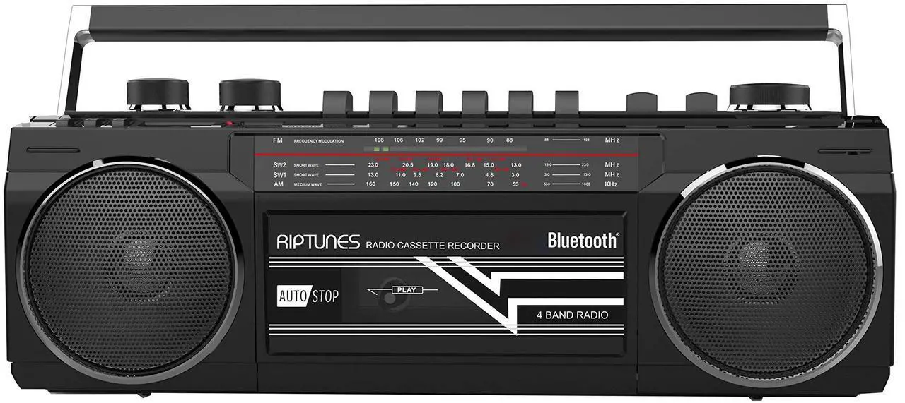 Alt view image 9 of 9 - riptunes cassette boombox, retro blueooth boombox, cassette player and recorder, am/fm/sw1sw2 radio4band radio, usb, sd, and aux in, black