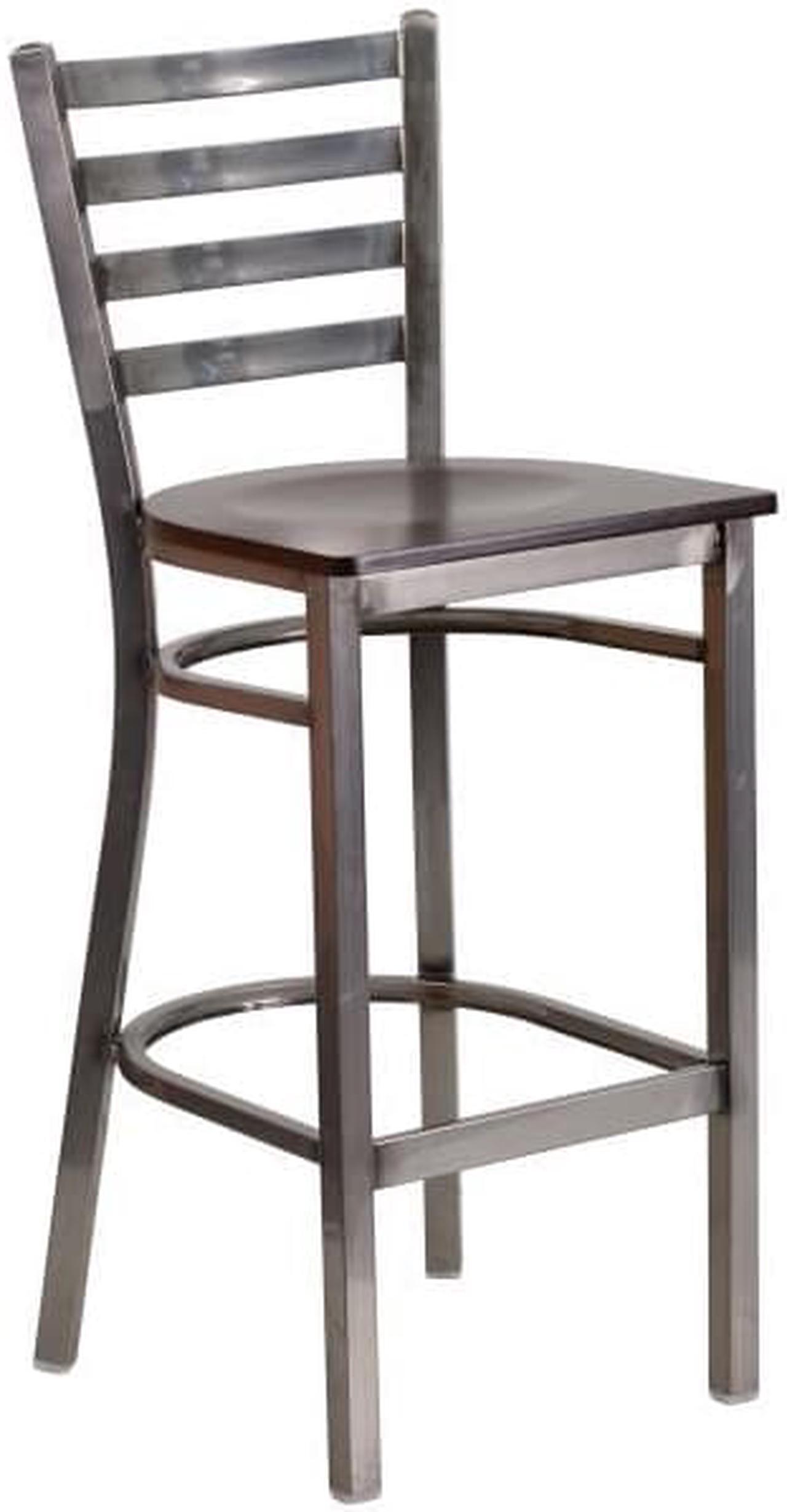 Alt view image 5 of 20 - HERCULES Series Clear Coated Ladder Back Metal Restaurant Barstool - Walnut Wood Seat