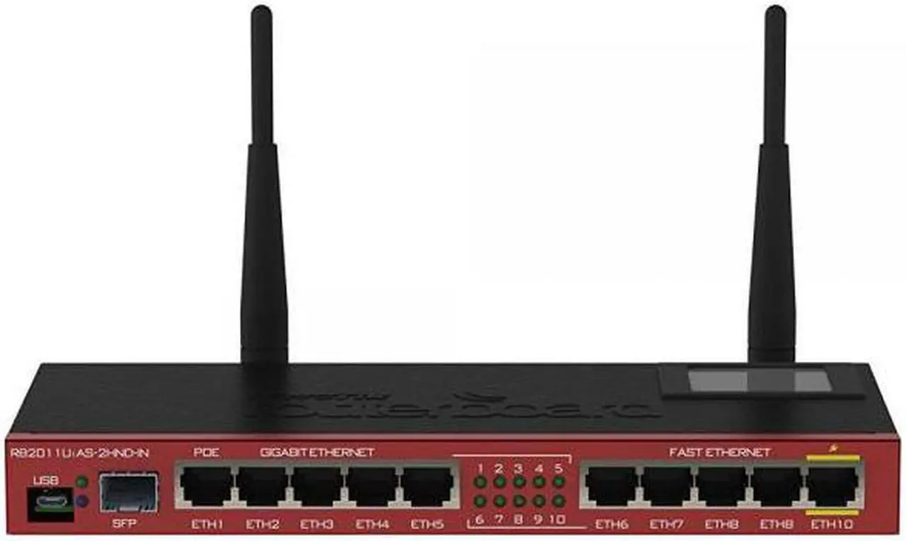 Main image of Mikrotik RB2011UiAS-2HnD-IN 2.4GHz AP 10-port wireless Router (5x Ethernet, 5x Gigabit Ethernet), SFP cage, USB, LCD, PoE output on Eth10, 600MHz CPU, 128MB RAM