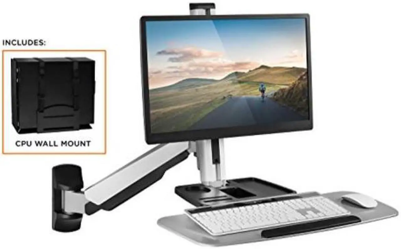 Alt view image 6 of 8 - Mount-It! Standing Computer Work Station with Articulating Monitor Mount, Keyboard Tray Arm and CPU Holder