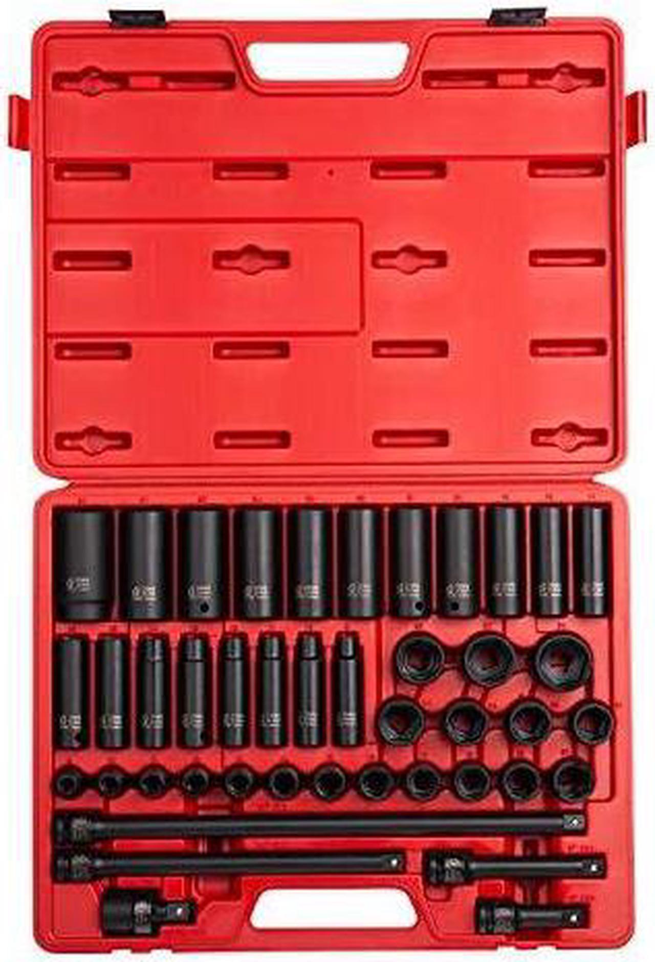 sunex 2569, 1/2 inch drive master impact socket set, 43piece, metric, 9mm  30mm, standard/deep, crmo alloy steel, radius corner design, heavy duty storage case, universal joint & impact extensions