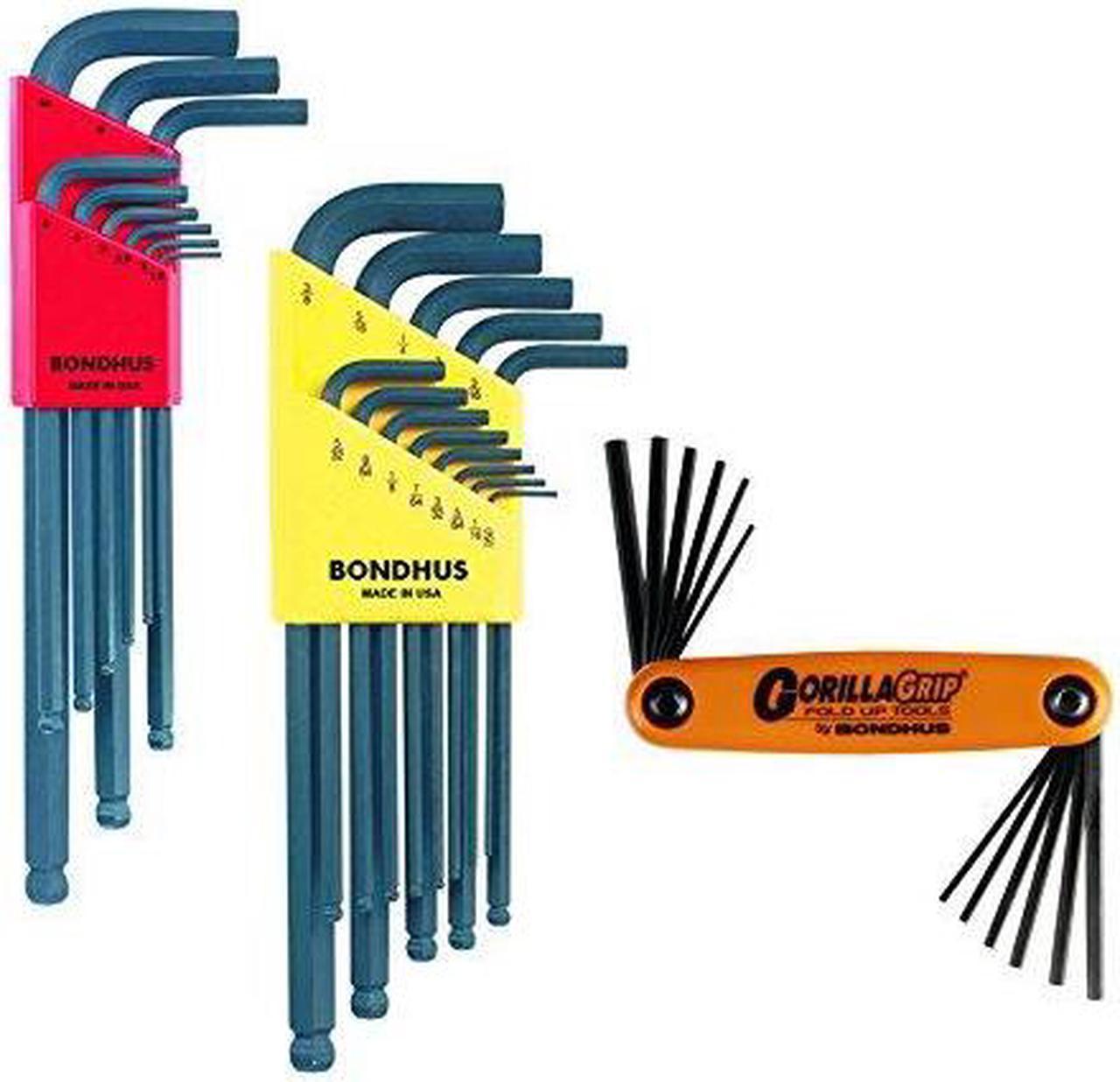 bondhus 14130 triple pack, balldriver lwrench sets #10937 .0503/8inch & #10999 1.510mm, and gorillagrip hex foldup set #12550 5/645/32 & 1.55mm