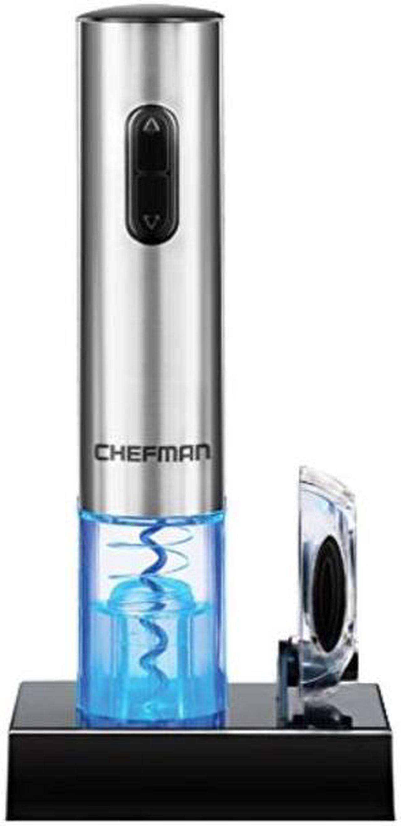 Main image of chefman electric wine opener with foil cutter, automatic corkscrew and foil remover, one touch wine bottle opener with rechargeable battery and charging stand, stainless steel 110/240v