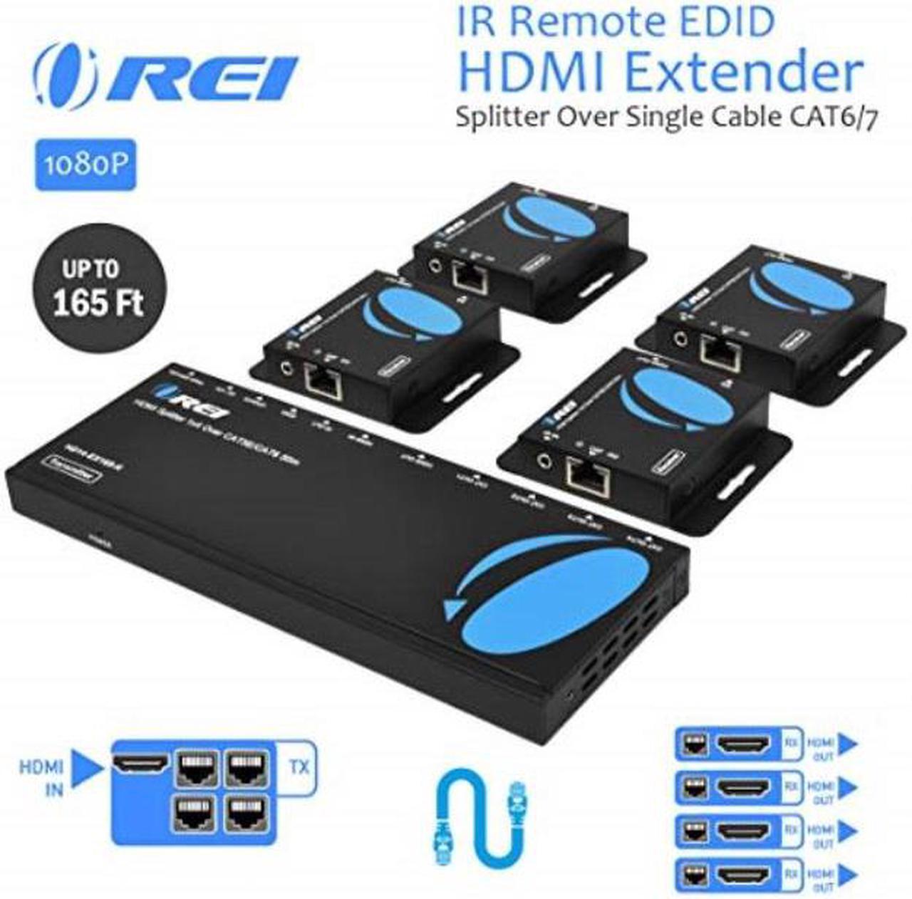 Main image of orei 1x4 hdmi extender splitter multiple over single cable cat6/7 1080p with ir remote edid management  up to 165 ft  loop out  low latency  full support