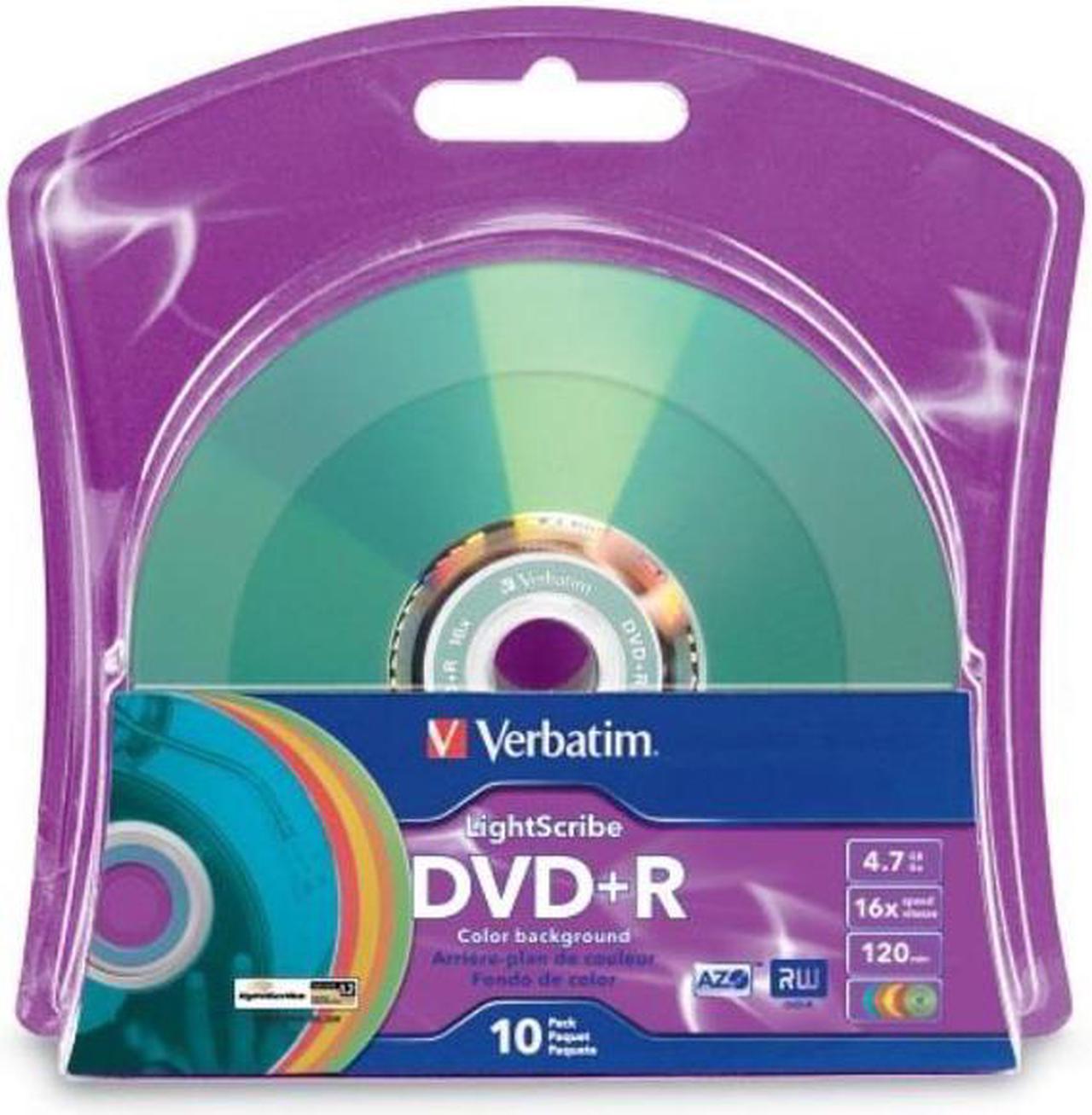 verbatim 16x dvd+r lightscribe assorted color blank media, 4.7gb/120min  10 pack 96941