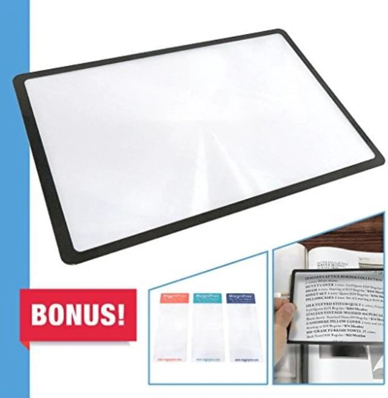 Alt view image 8 of 8 - MagniPros Premium 3X (300%) Page Magnifying Lens With 3 Bonus Bookmark Magnifiers for Reading Small Prints, Low Vision Aids & Solar Projects