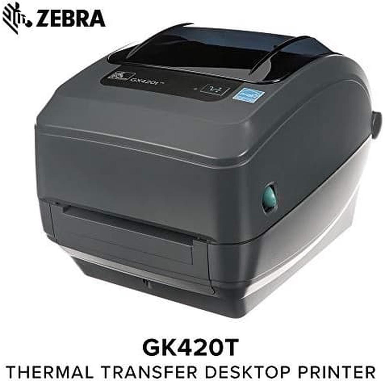 zebra  gx420t thermal transfer desktop printer for labels, receipts, barcodes, tags, and wrist bands  print width of 4 in  usb, serial, and parallel port connectivity