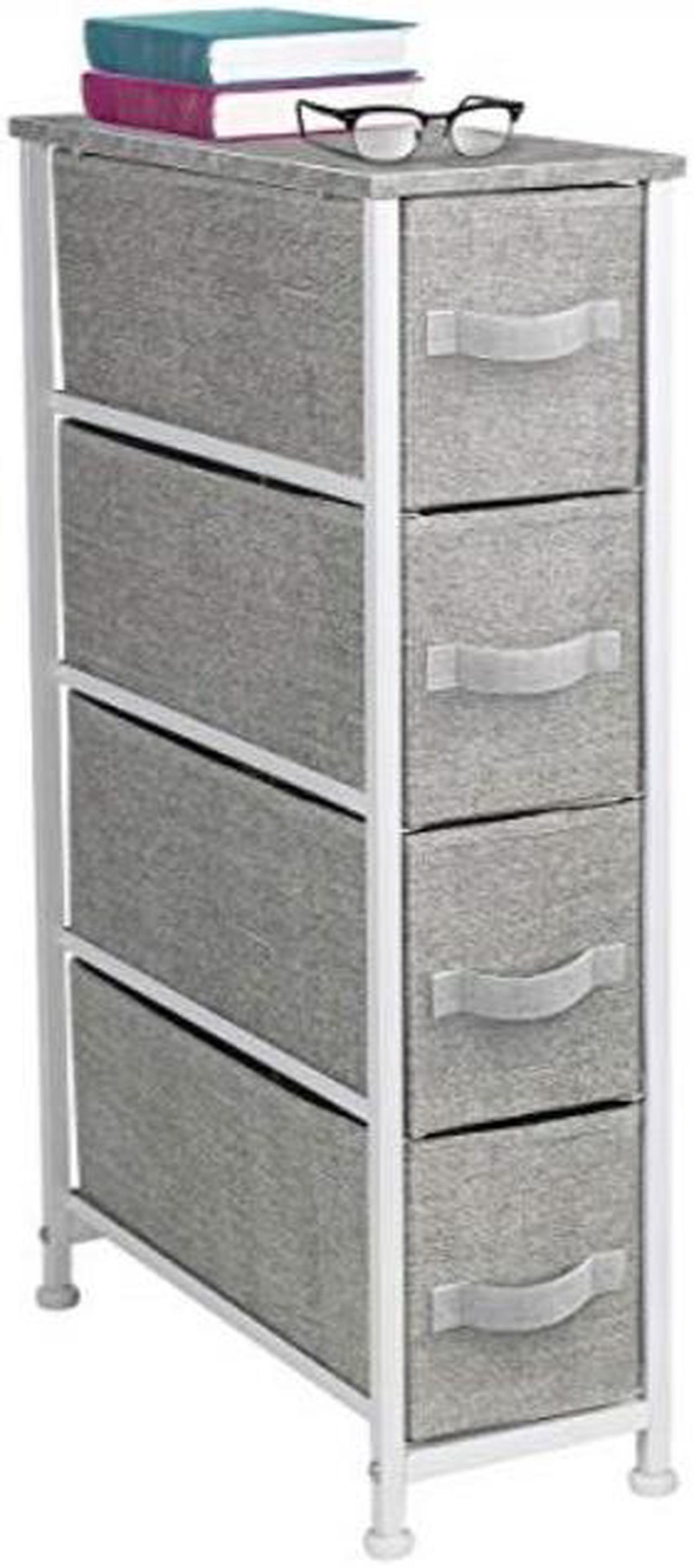 Main image of sorbus narrow dresser tower with 4 drawers  vertical storage for bedroom, bathroom, laundry, closets, and more, steel frame, wood top, easy pull fabric bins gray