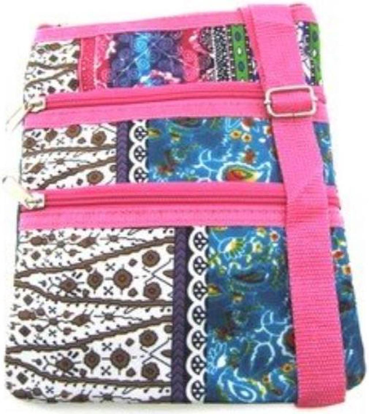 boho patchwork print with hot pink trim small hipster cross body shoulder bag purse handbag