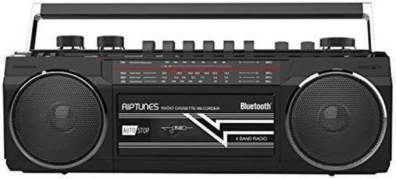 Main image of riptunes cassette boombox, retro blueooth boombox, cassette player and recorder, am/fm/sw1sw2 radio4band radio, usb, sd, and aux in, black