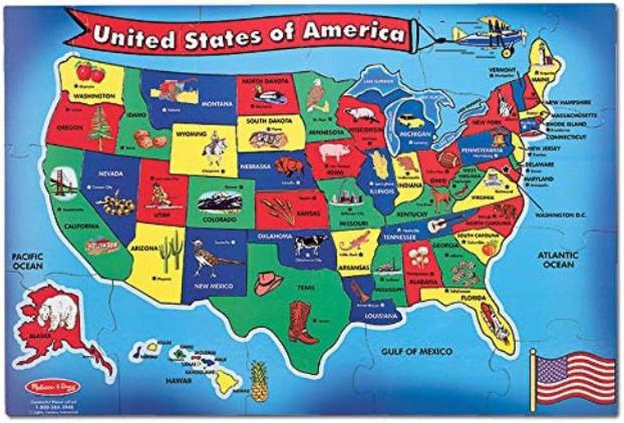 Main image of melissa & doug usa united states map floor puzzle wipeclean surface, teaches geography & shapes, 51 pieces, 24" l x 36" w, great gift for girls and boys  best for 6, 7, 8 year olds and up
