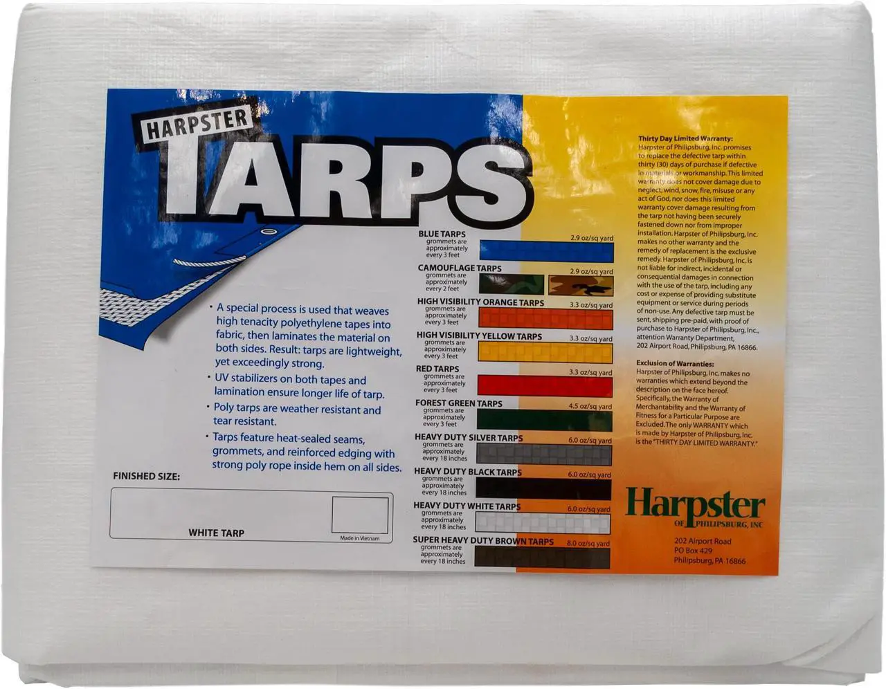Main image of Harpster Tarps 10' x 12' Heavy Duty White 6 oz. Poly Tarp 12 Mil