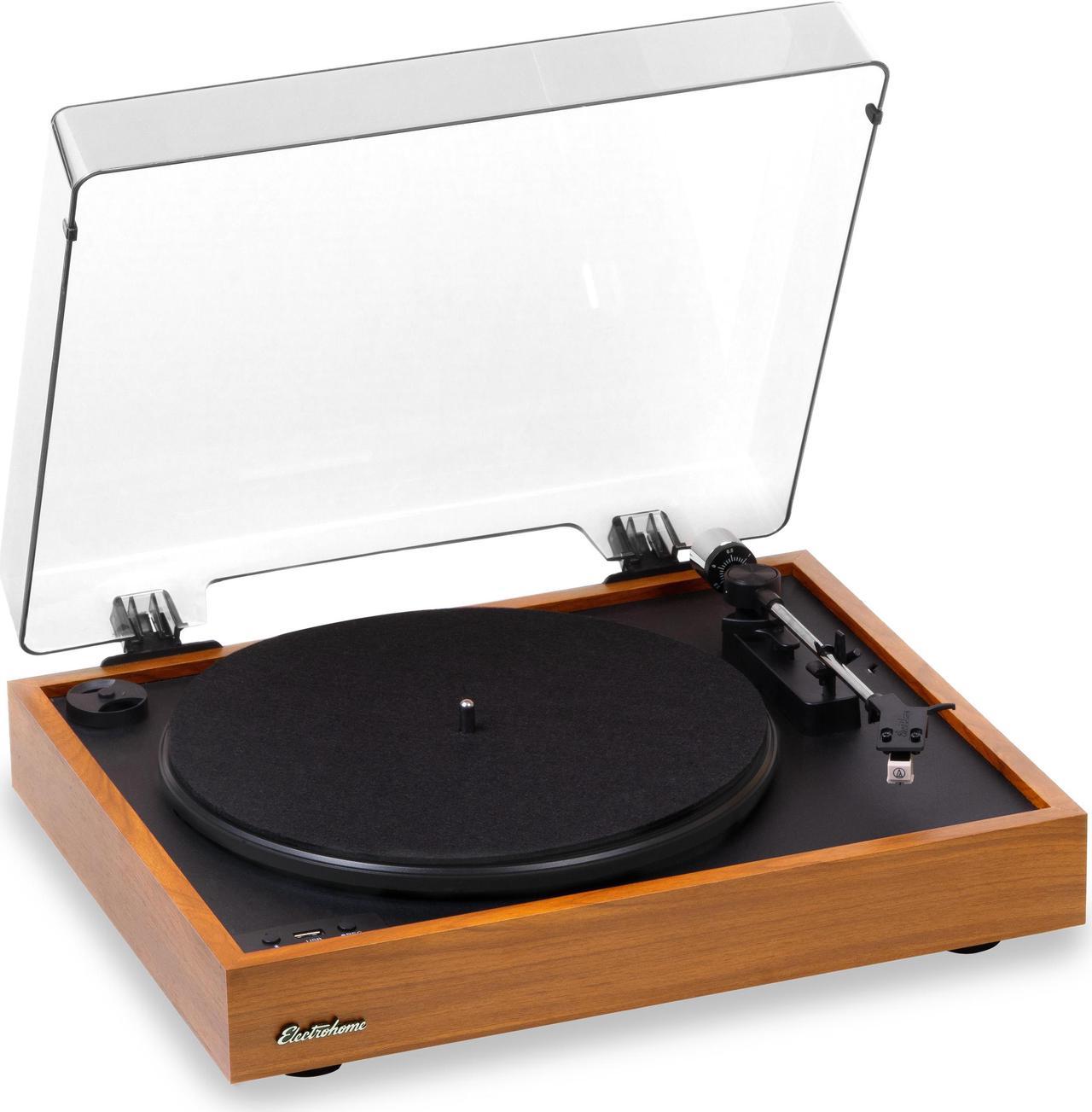 Electrohome Montrose Wireless Vinyl Record Player 2-Speed Belt-Drive Turntable, with Audio-Technica Stylus, Bluetooth, Vinyl-to-MP3 Recording, Speed Control Motor, Built-in Preamp, Wood Plinth (RR36)