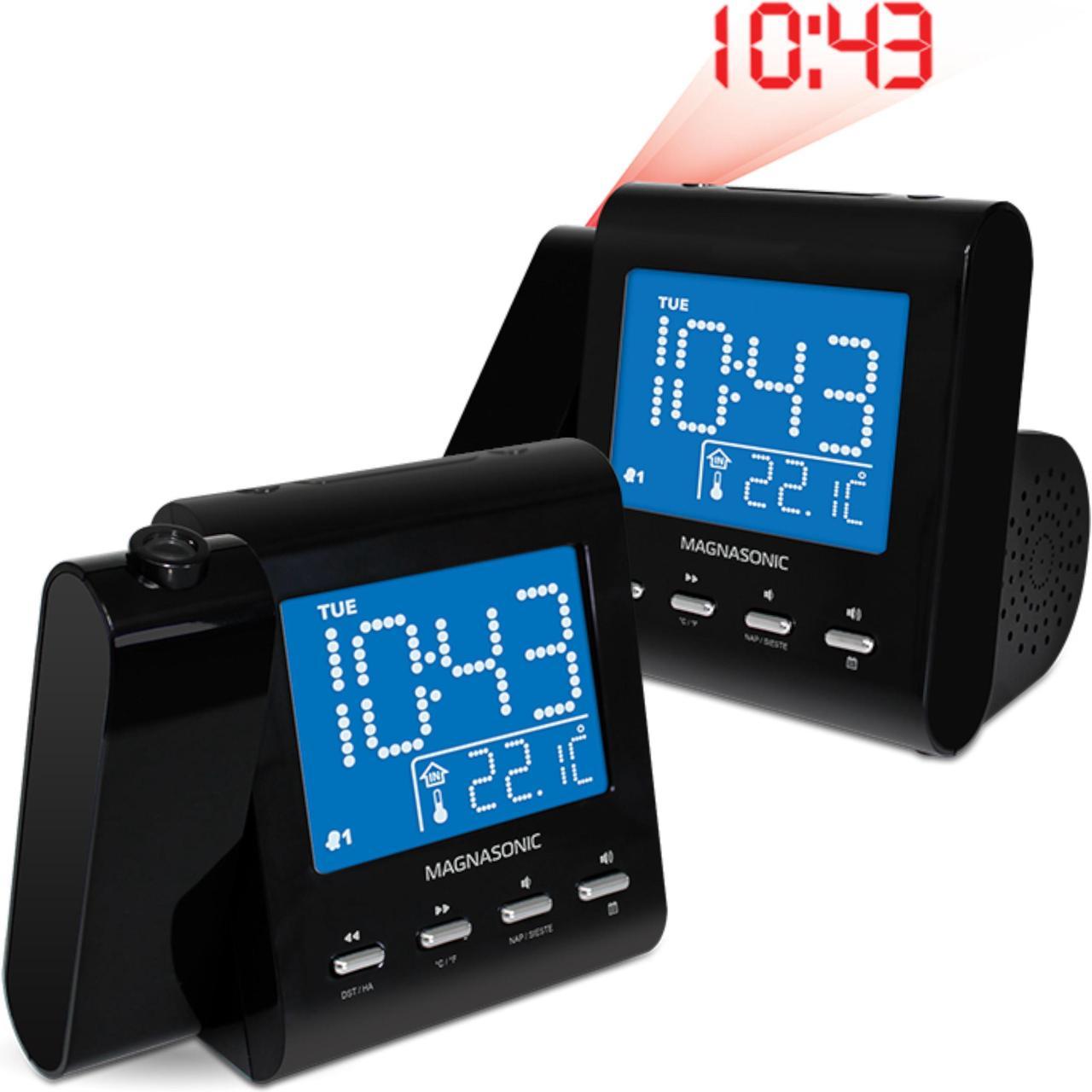 Magnasonic Projection Alarm Clock with AM/FM Radio, Battery Backup, Auto Time Set, Dual Alarm, Sleep Timer, Indoor Temperature/Day/Date Display with Dimming & Audio Input for Smartphones - 2 Pack