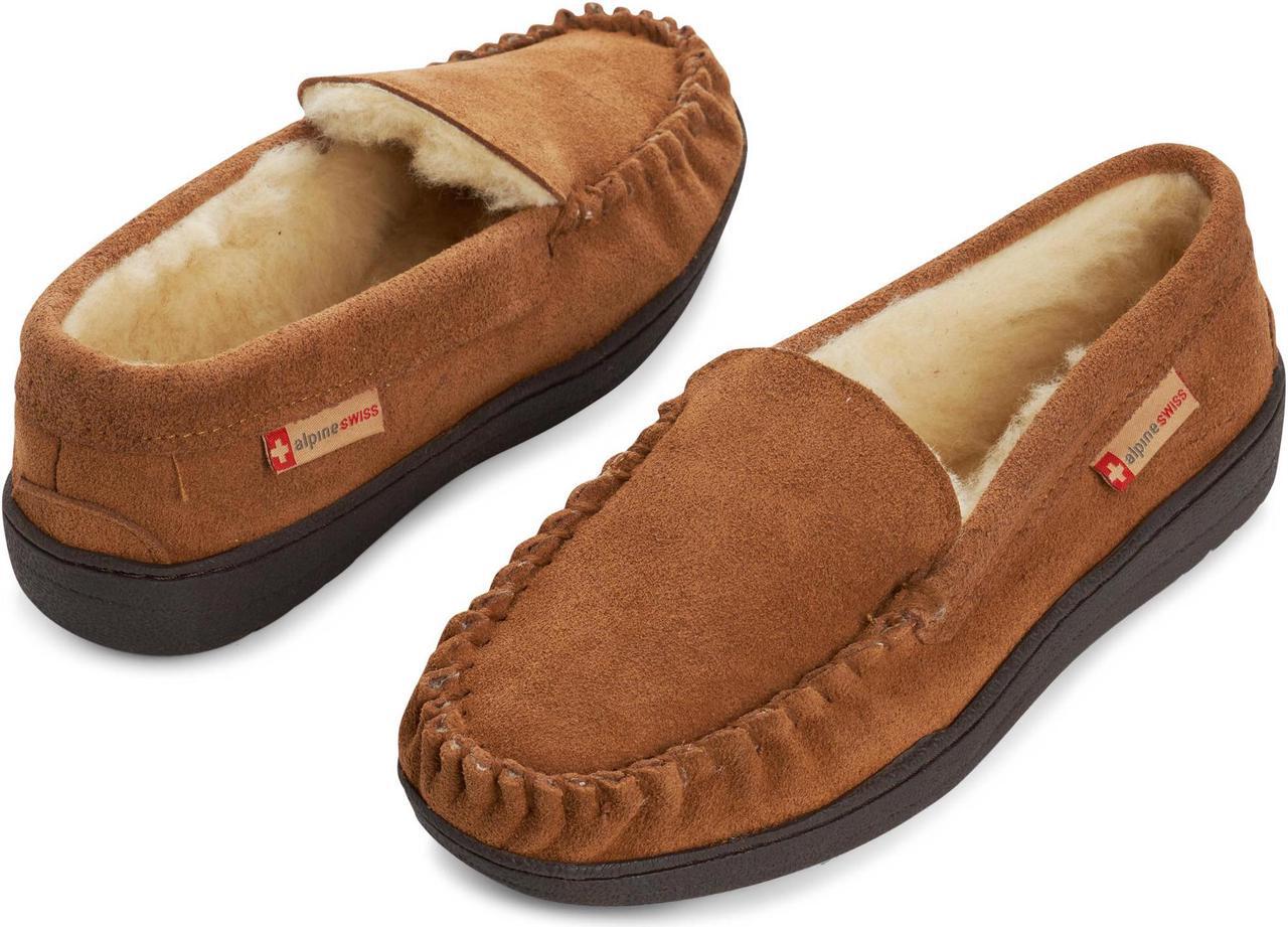 Alt view image 6 of 6 - Alpine Swiss Yukon Mens Suede Shearling Moccasin Slippers Moc Toe Slip On Shoes