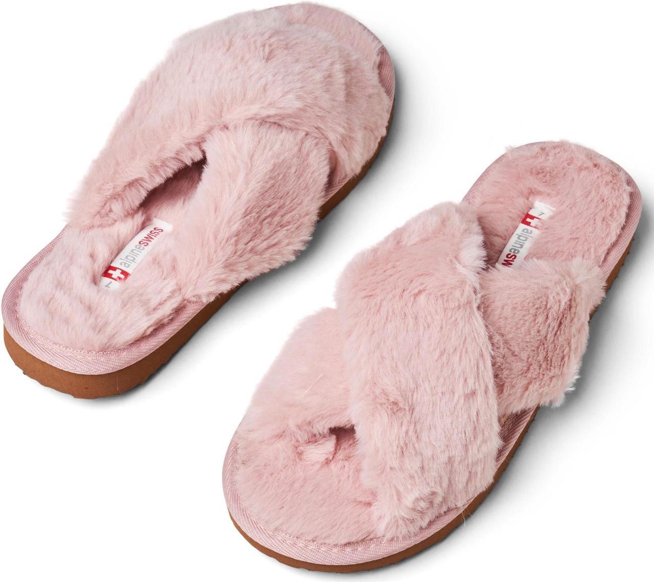 Alt view image 4 of 7 - Alpine Swiss Women Fuzzy Fluffy Faux Fur Slippers Memory Foam Indoor House Shoes