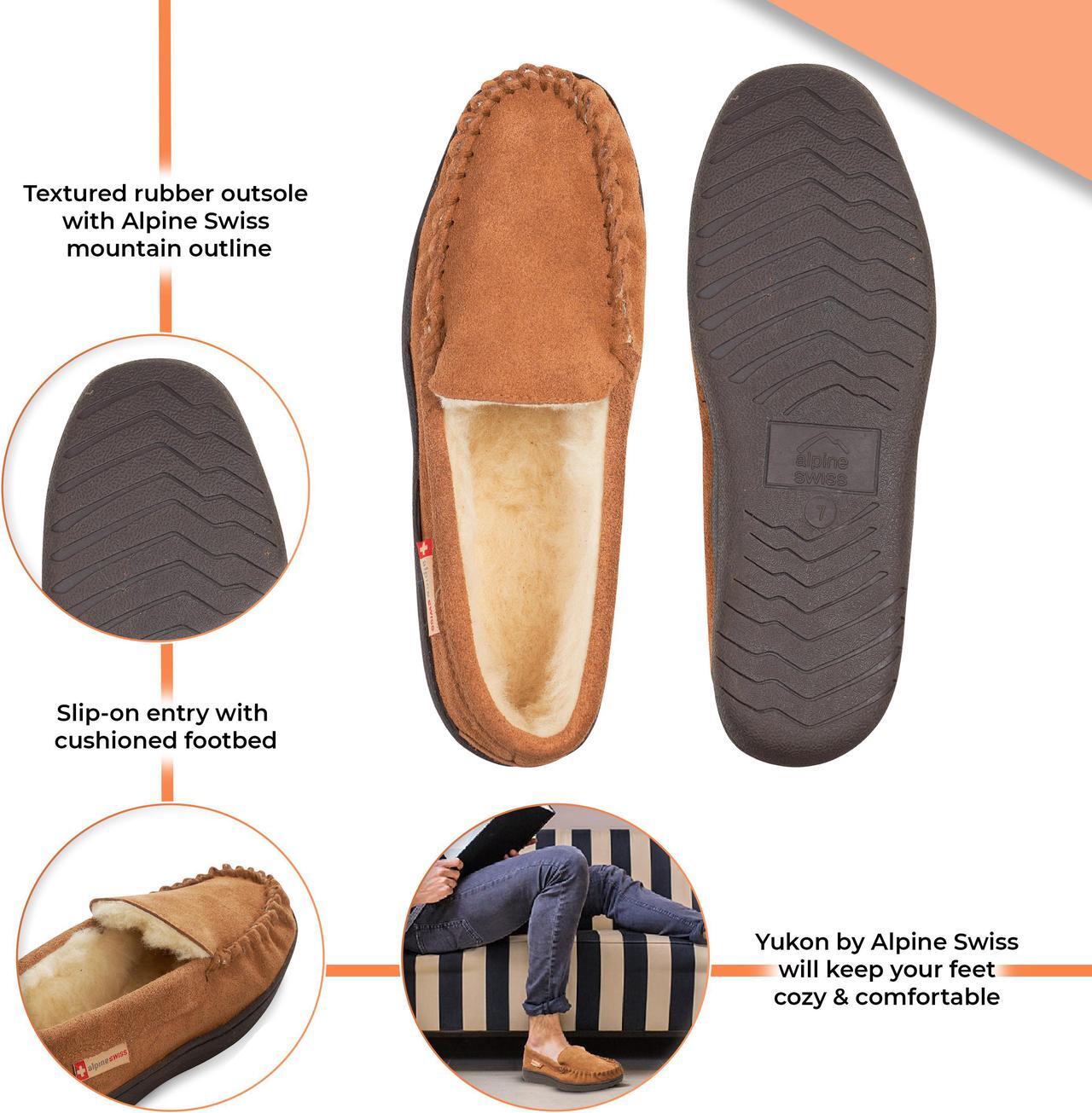 Alt view image 3 of 6 - Alpine Swiss Yukon Mens Suede Shearling Moccasin Slippers Moc Toe Slip On Shoes