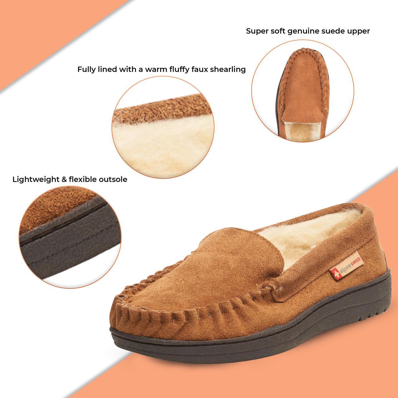 Alt view image 2 of 6 - Alpine Swiss Yukon Mens Suede Shearling Moccasin Slippers Moc Toe Slip On Shoes