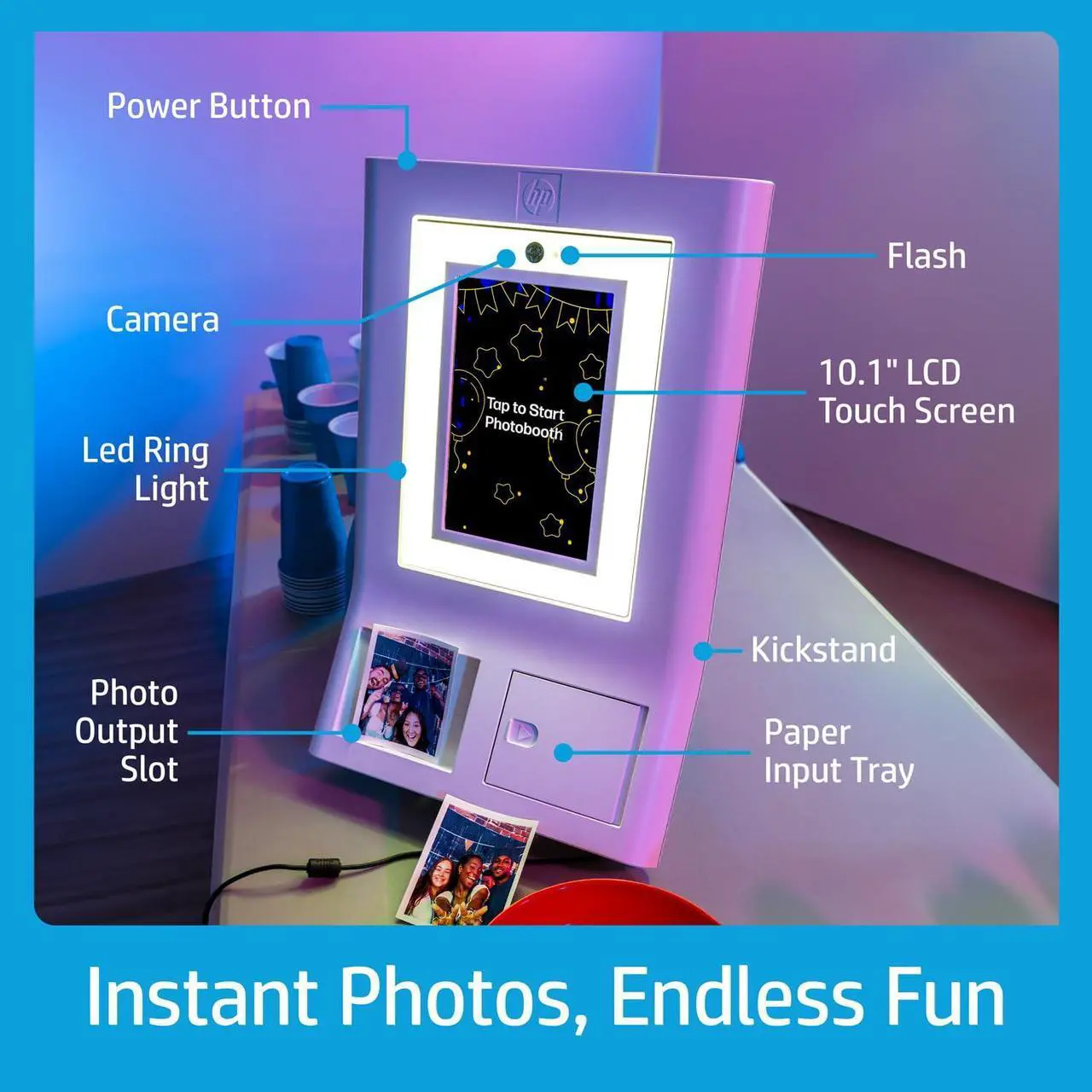Alt view image 5 of 7 - HP Sprocket Photo Booth Machine Instant Color Photo Printer -White + Paper(x100)+ Red Carpet Bundle + Case + Stickers + Screen Protectors + Fedoras + Glasses +Boas + Cowboy Hat + Foil Curtain Backdrop
