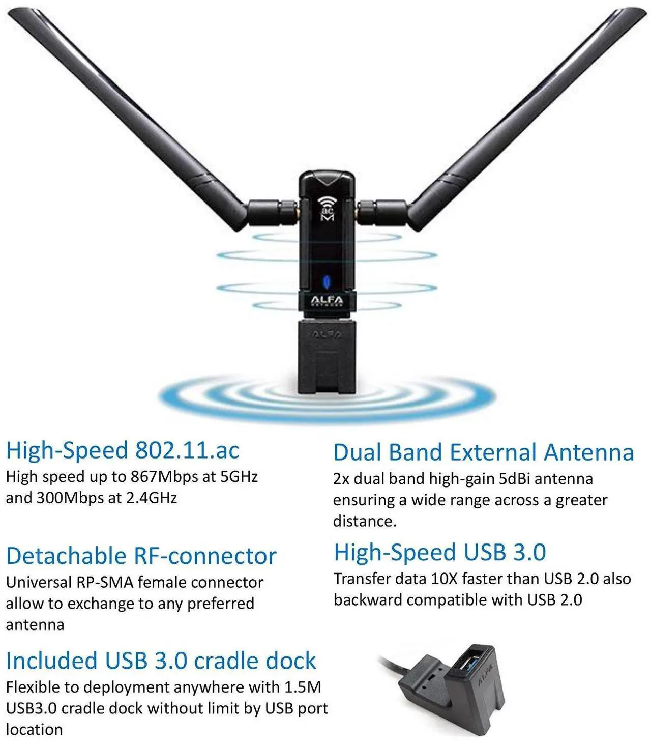 Alt view image 12 of 12 - alfa awus036acm longrange dualband ac1200 wireless usb 3.0 wifi adapter w/2x 5dbi external antennas: 2.4ghz 300mbps/5ghz 867mbps802.11ac & a, b, g, n