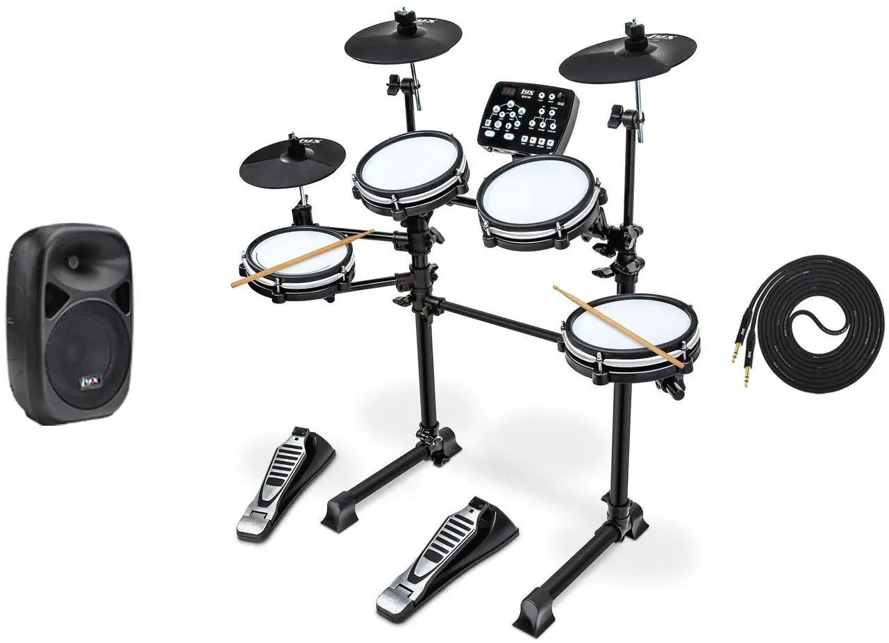 Main image of LyxJam 7-Piece Electronic Drum Kit, Drum Set with Real Mesh Fabric, 209 Preloaded Sounds, 50 Play-Along Songs, Cymbals & Kick Pedal, Drum Sticks With SPA8 Active Speaker & 15 FT Qtr to Qtr Cable