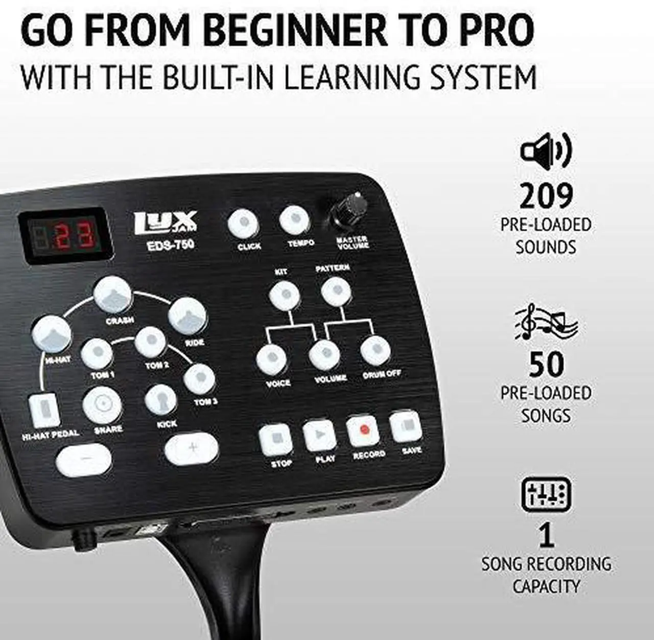 Alt view image 3 of 7 - LyxJam 7-Piece Electronic Drum Kit, Drum Set with Real Mesh Fabric, 209 Preloaded Sounds, 50 Play-Along Songs, Cymbals & Kick Pedal, Drum Sticks With SPA8 Active Speaker & 15 FT Qtr to Qtr Cable