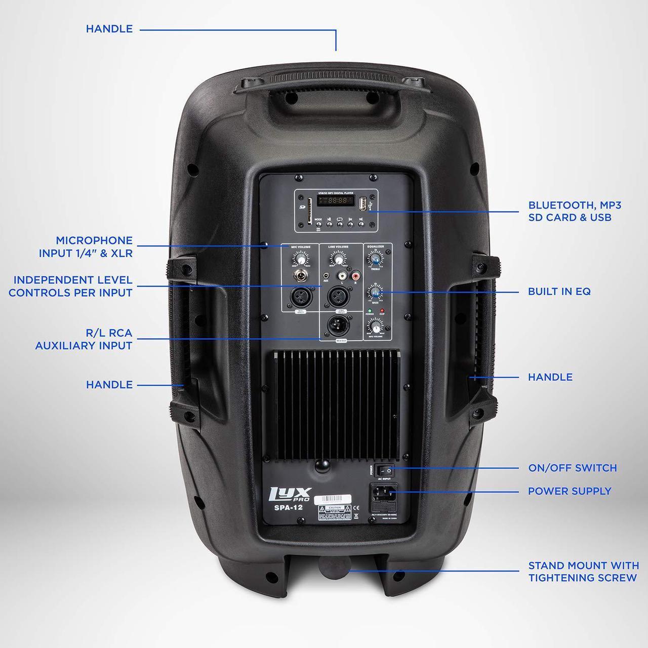 Alt view image 3 of 6 - LyxPro SPA12 12" Portable PA Speaker System With Metal Tripod Stand Combo Kit Power Active Powerful Amplifier Equalizer Bluetooth SD Slot USB MP3 XLR 1/4" 1/8" 3.5mm Inputs Remote Control