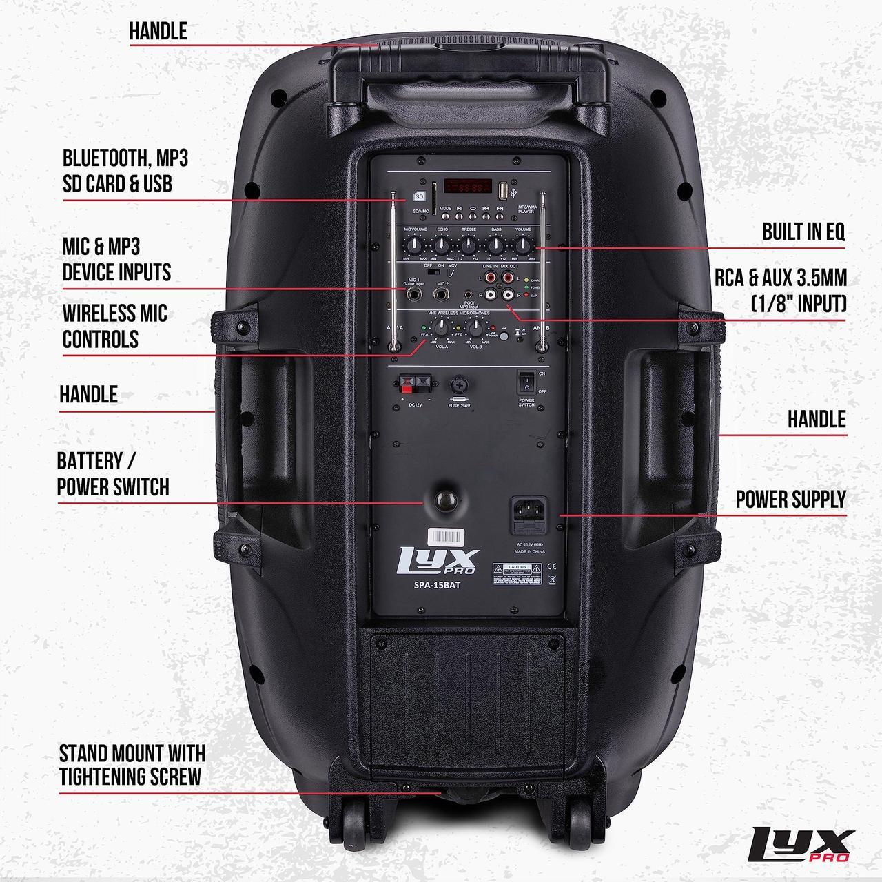 Alt view image 2 of 7 - LyxPro 15 Inch Active PA Rechargeable Battery Speaker System, Bluetooth, MP3, USB, SD Card Slot, Foldable Carry Handle, Easy Carry Wheels-SPA-15 BAT