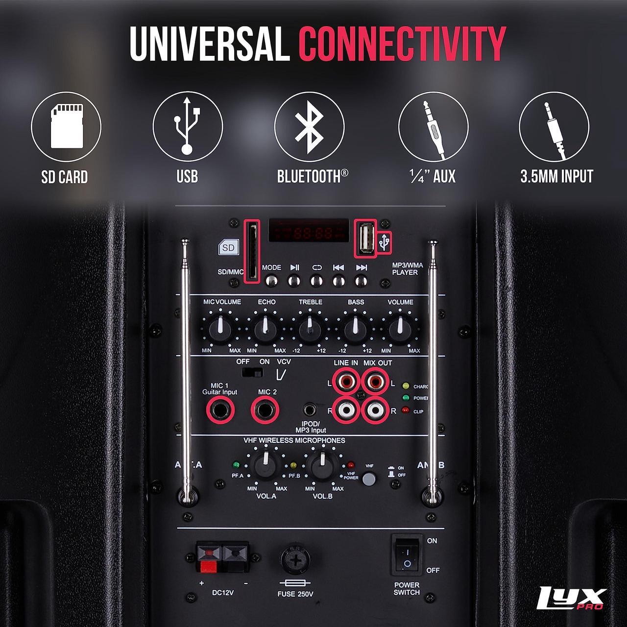 Alt view image 4 of 7 - LyxPro 15 Inch Active PA Rechargeable Battery Speaker System, Bluetooth, MP3, USB, SD Card Slot, Foldable Carry Handle, Easy Carry Wheels-SPA-15 BAT