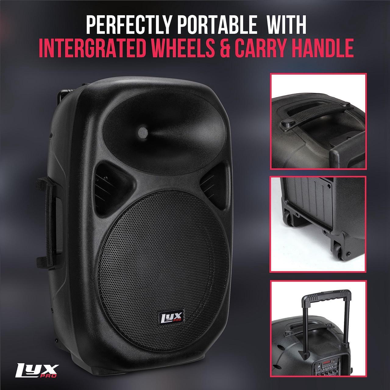 Alt view image 5 of 7 - LyxPro 15 Inch Active PA Rechargeable Battery Speaker System, Bluetooth, MP3, USB, SD Card Slot, Foldable Carry Handle, Easy Carry Wheels-SPA-15 BAT