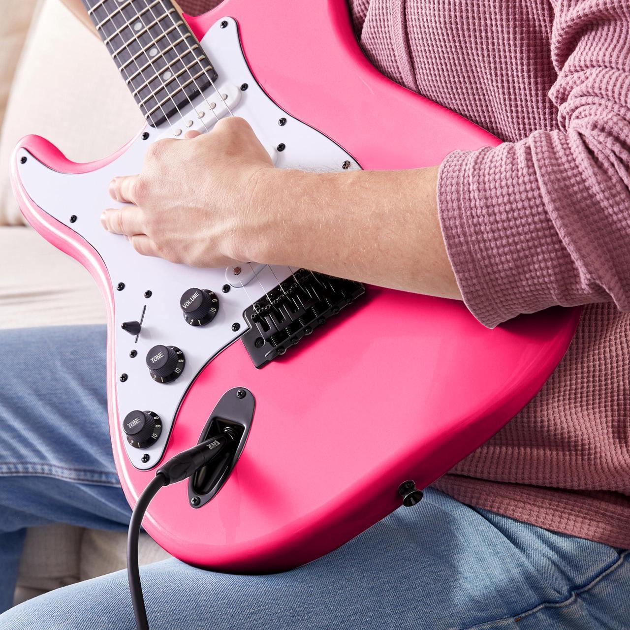 Alt view image 7 of 7 - LyxPro Left Hand 39 Inch Electric Guitar and Starter Kit for Lefty Full Size Beginners Guitar, Amp, Six Strings, Two Picks, Shoulder Strap, Digital Clip On Tuner, Cable and Soft Case - Pink