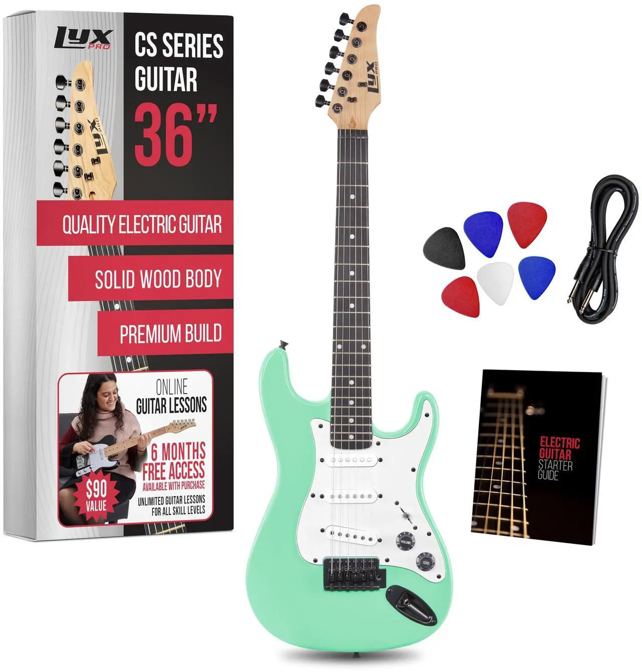 Main image of LyxPro CS 30 Electric Guitar Kit for Beginner, Intermediate & Pro Players with Guitar, Amp Cable, 6 Picks & Learners Guide | Solid Wood Body, Volume/Tone Controls, 5-Way Pickup - Green