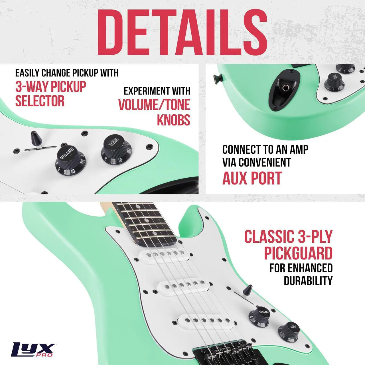 Alt view image 3 of 7 - LyxPro CS 30 Electric Guitar Kit for Beginner, Intermediate & Pro Players with Guitar, Amp Cable, 6 Picks & Learners Guide | Solid Wood Body, Volume/Tone Controls, 5-Way Pickup - Green