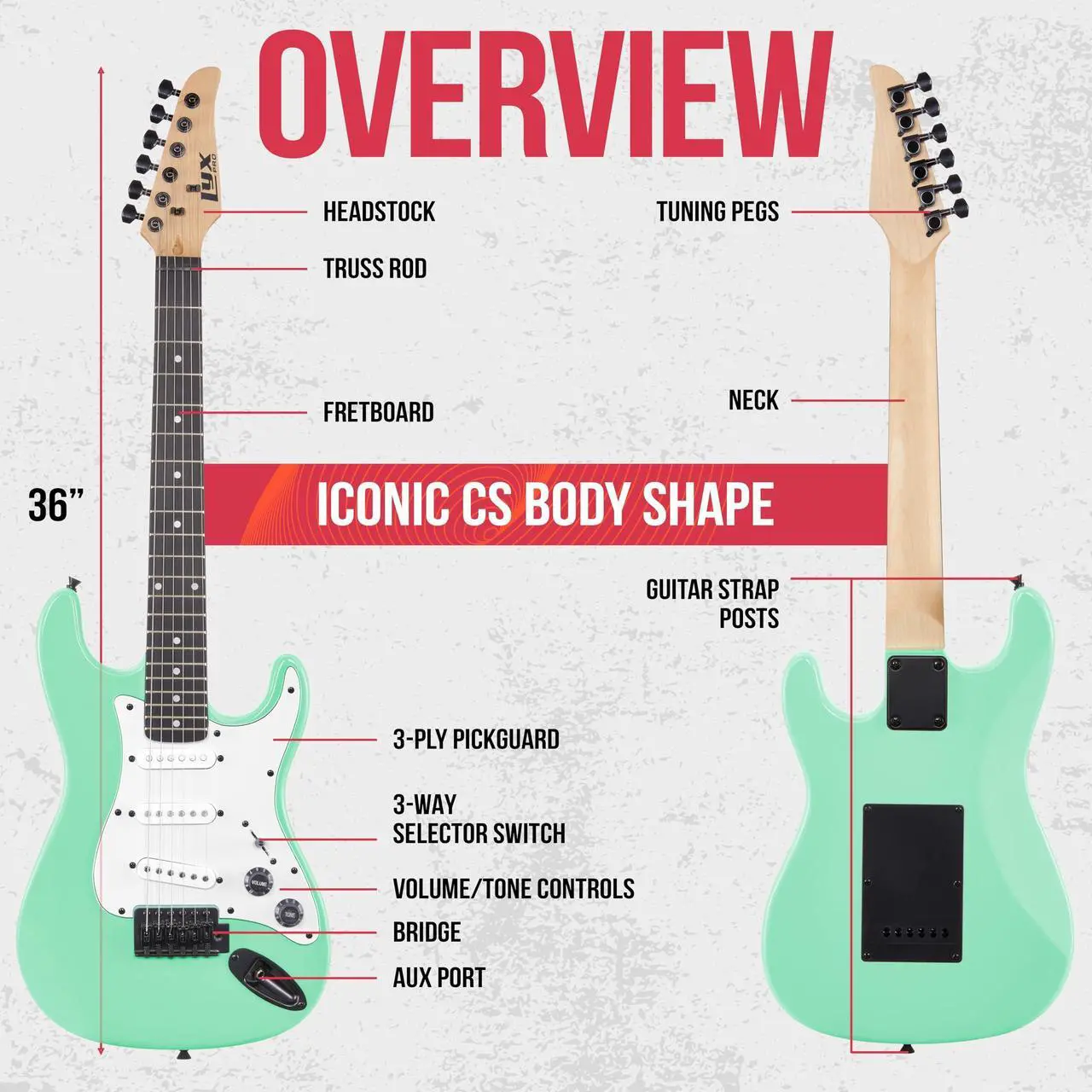 Alt view image 7 of 7 - LyxPro CS 30 Electric Guitar Kit for Beginner, Intermediate & Pro Players with Guitar, Amp Cable, 6 Picks & Learners Guide | Solid Wood Body, Volume/Tone Controls, 5-Way Pickup - Green