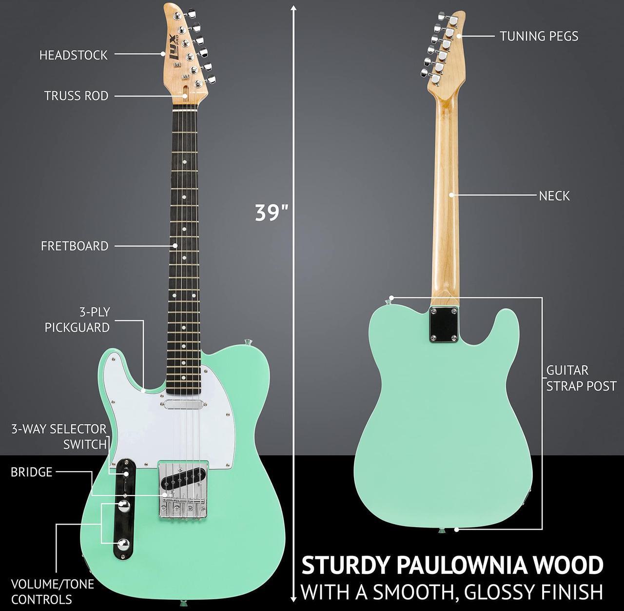 Alt view image 7 of 7 - LyxPro 39 Electric Guitar Left Hand TL Series, Full-Size Paulownia Wood Body, 3-Ply Pickguard, C-Shape Neck, Ashtray Bridge, Quality Gear Tuners, 3-Way Switch & Volume/Tone Controls, 2 Picks, Green