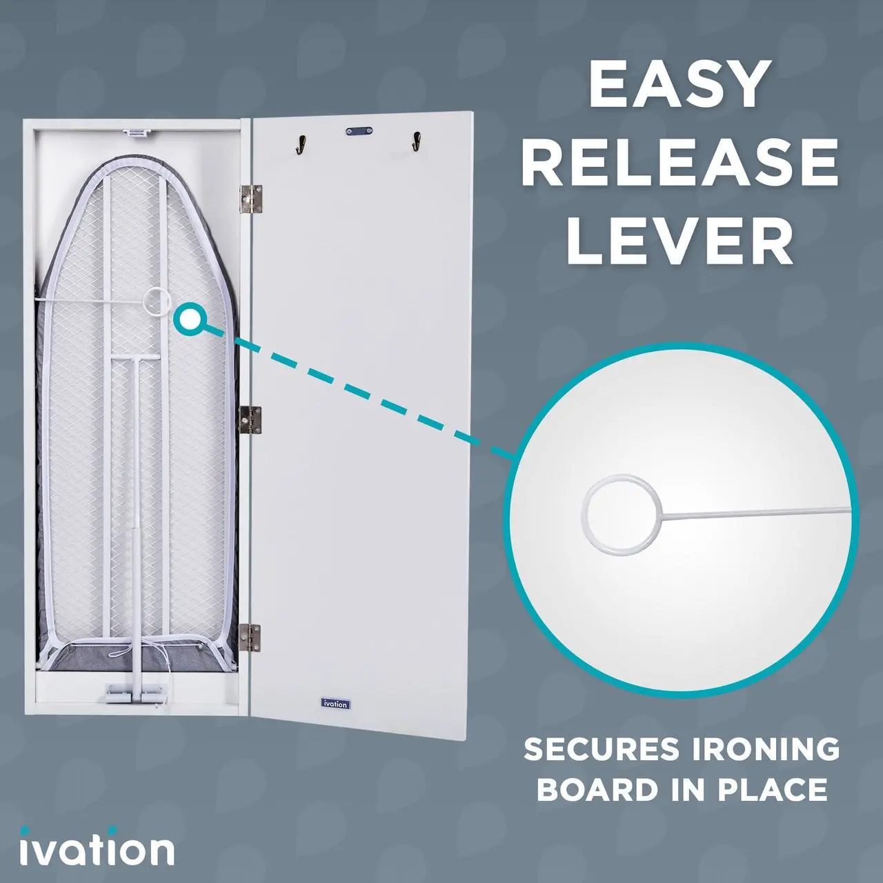 Alt view image 3 of 7 - Ivation Wall-Mounted Ironing Board Cabinet, Foldable Ironing Storage Station for Home, Apartment , Easy-Release Lever, Garment Hooks, White