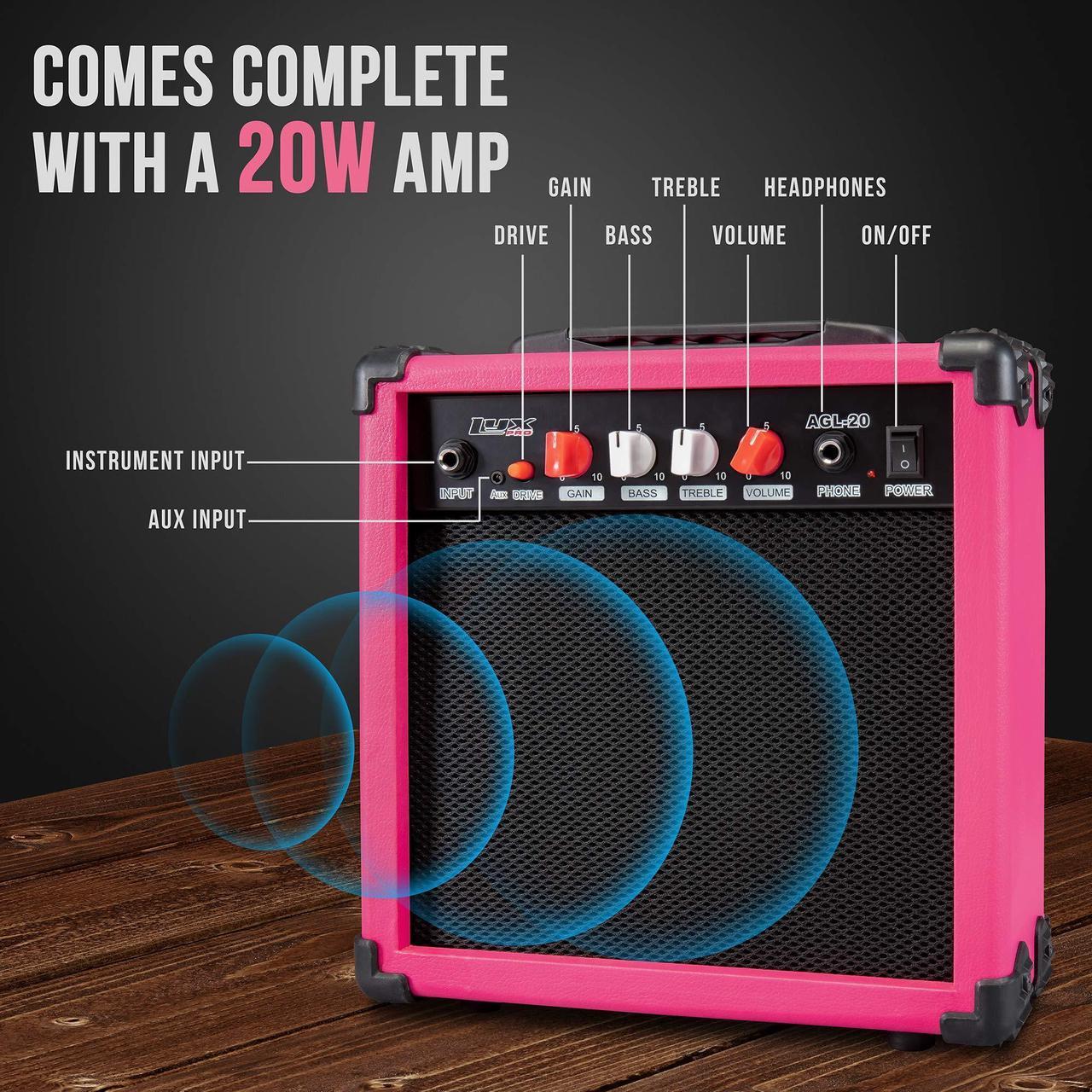 Alt view image 3 of 7 - LyxPro Left Hand 39 Inch Electric Guitar and Starter Kit for Lefty Full Size Beginners Guitar, Amp, Six Strings, Two Picks, Shoulder Strap, Digital Clip On Tuner, Cable and Soft Case - Pink