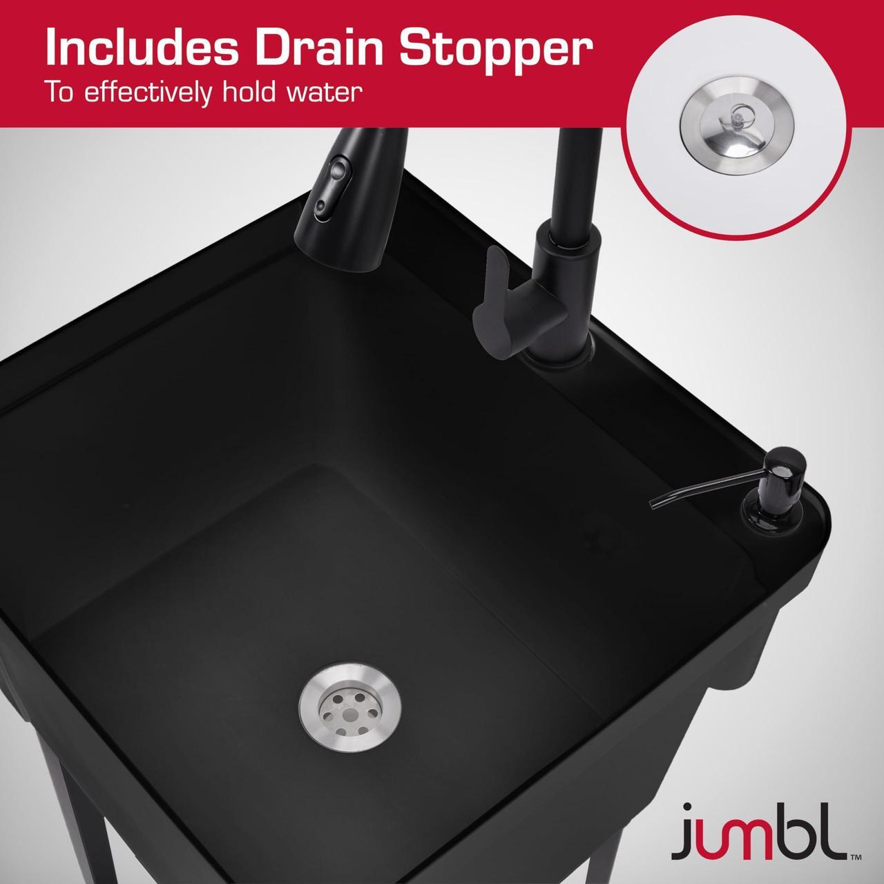 Alt view image 3 of 7 - Jumbl Freestanding Utility Sink with Pull-Down Faucet | Laundry Room Tub with Gooseneck Sprayer, Single Handle Flow Control, Soap Dispenser, Drain Plug & Heavy-Duty Iron Legs with Levelers | Black