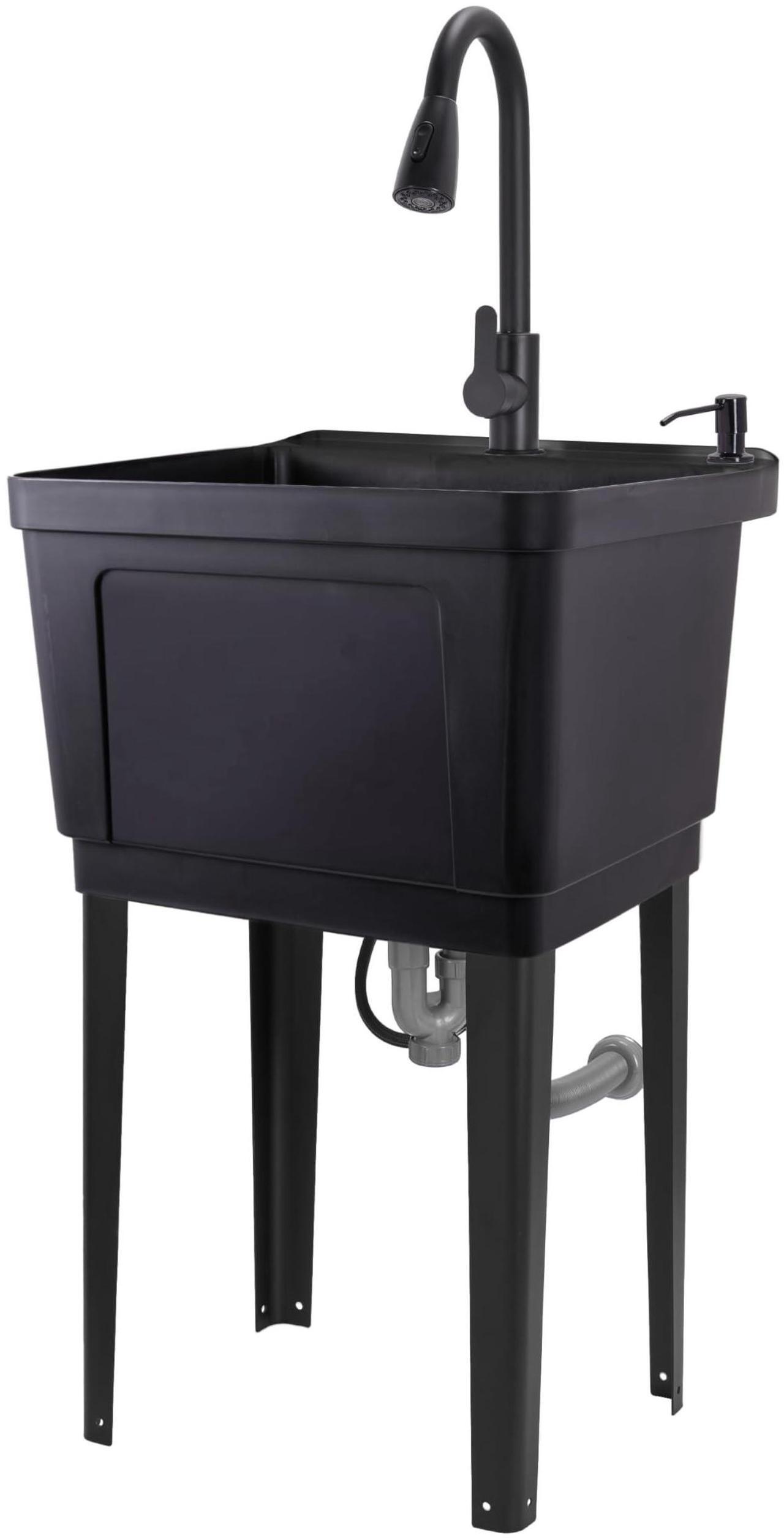 Main image of Jumbl Freestanding Utility Sink with Pull-Down Faucet | Laundry Room Tub with Gooseneck Sprayer, Single Handle Flow Control, Soap Dispenser, Drain Plug & Heavy-Duty Iron Legs with Levelers | Black