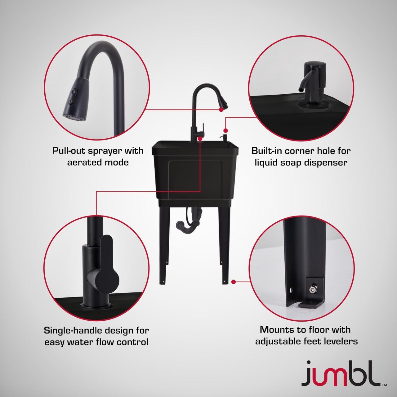 Alt view image 4 of 7 - Jumbl Freestanding Utility Sink with Pull-Down Faucet | Laundry Room Tub with Gooseneck Sprayer, Single Handle Flow Control, Soap Dispenser, Drain Plug & Heavy-Duty Iron Legs with Levelers | Black