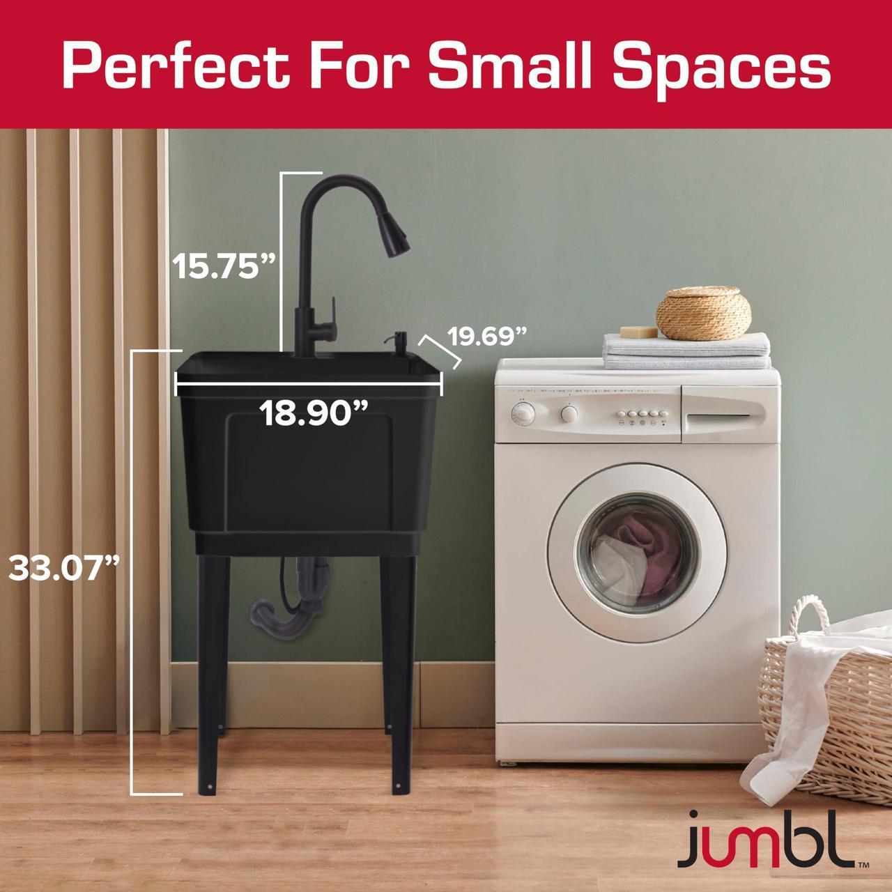 Alt view image 2 of 7 - Jumbl Freestanding Utility Sink with Pull-Down Faucet | Laundry Room Tub with Gooseneck Sprayer, Single Handle Flow Control, Soap Dispenser, Drain Plug & Heavy-Duty Iron Legs with Levelers | Black