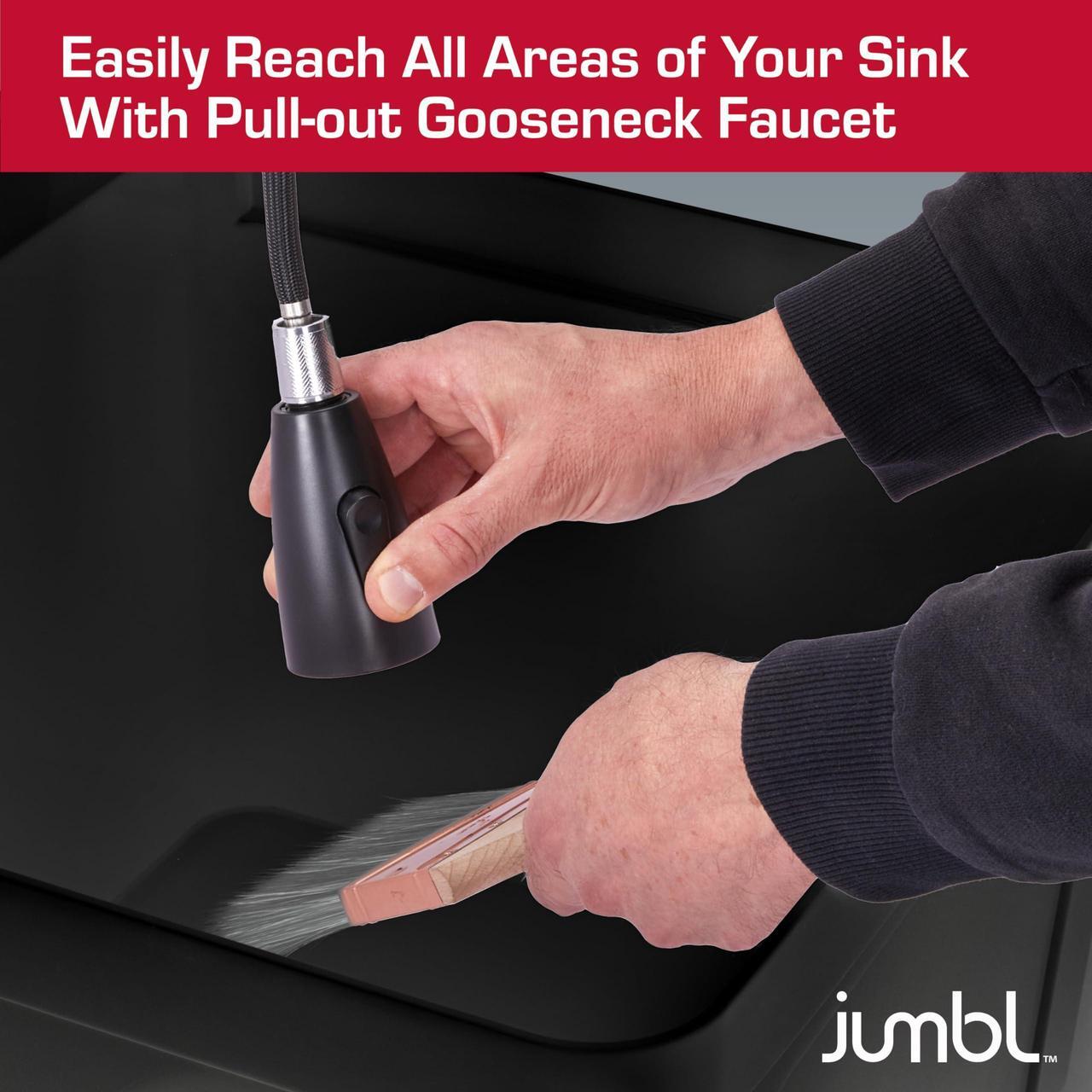 Alt view image 5 of 7 - Jumbl Freestanding Utility Sink with Pull-Down Faucet | Laundry Room Tub with Gooseneck Sprayer, Single Handle Flow Control, Soap Dispenser, Drain Plug & Heavy-Duty Iron Legs with Levelers | Black