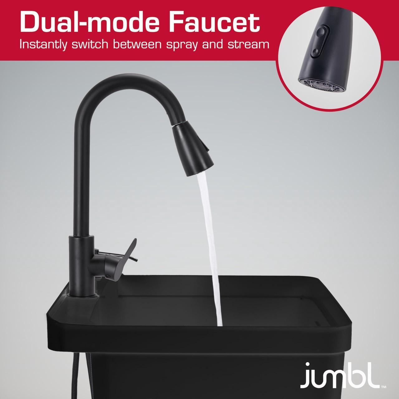 Alt view image 6 of 7 - Jumbl Freestanding Utility Sink with Pull-Down Faucet | Laundry Room Tub with Gooseneck Sprayer, Single Handle Flow Control, Soap Dispenser, Drain Plug & Heavy-Duty Iron Legs with Levelers | Black