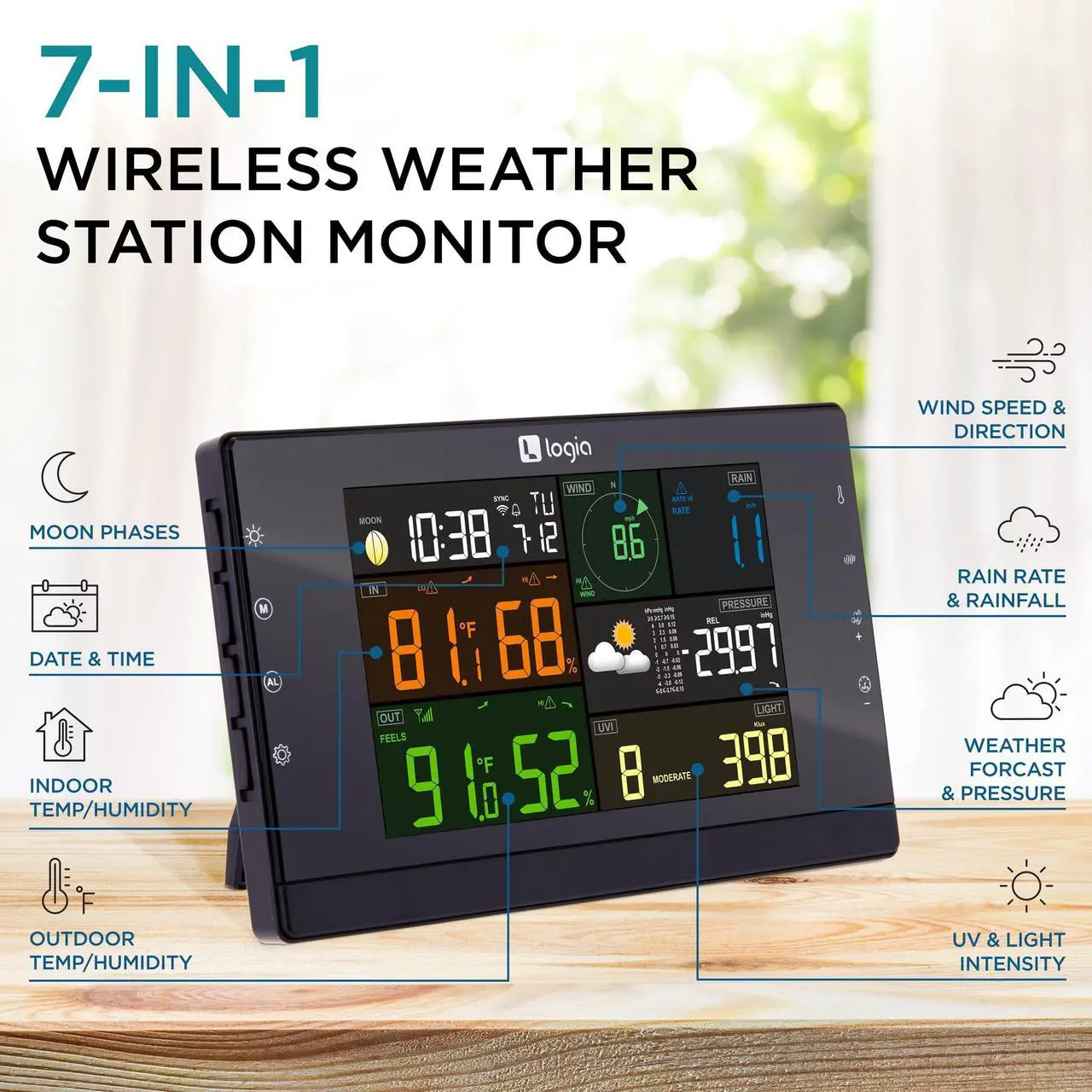 Alt view image 2 of 7 - Logia 17-in-1 Wi-Fi Wireless Weather Station with 7-in-1 Outdoor Solar Sensor Array, Indoor/Outdoor Temperature, Humidity, Wind Speed/Direction, Rain, UV & More with Forecast Data, Alerts